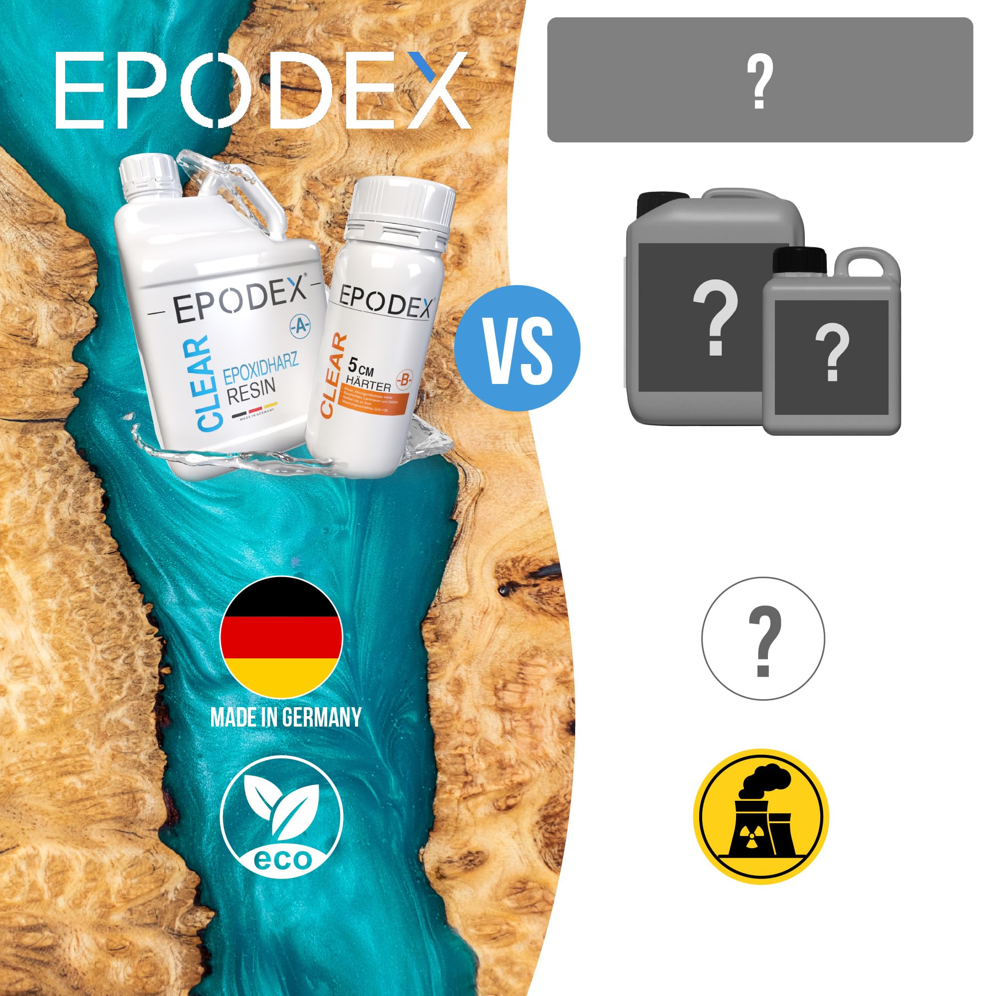 EPODEX Epoxidharz Set ECO+ | klares Epoxy Resin für Gießhöhen bis 5cm | Gießharz-Set ohne oder mit Farbpigmenten | für River-Tische, Lampen, Projekte mit hohen Form- und Gussteilen und vieles mehr