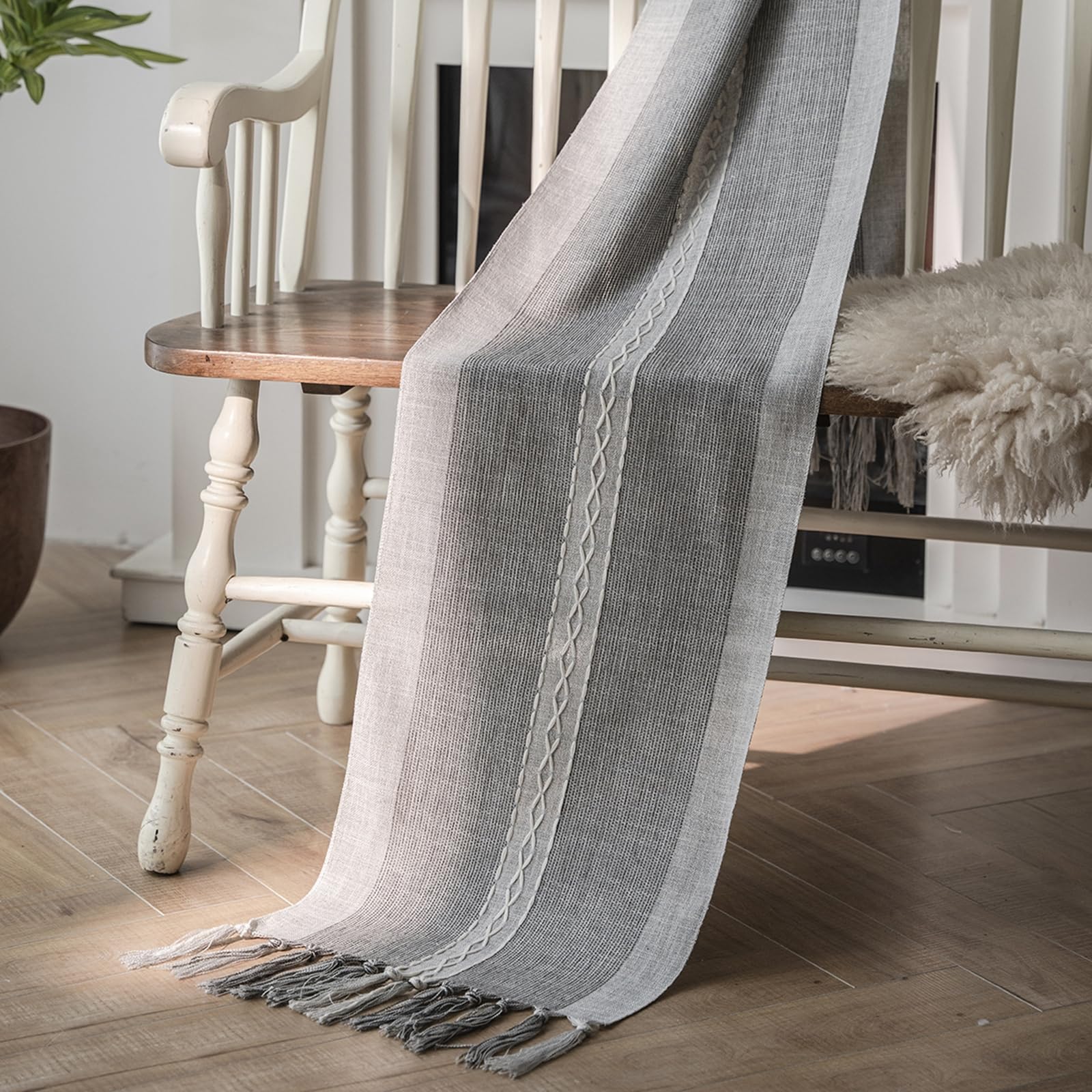 Nowoczesne bieżniki na stół o długości 330 cm, poliester makrama, bieżnik na stół boho, żakardowe paski z frędzlami, na świąteczne przyjęcie herbaciane i do codziennego użytku, szary, 33 x 300
