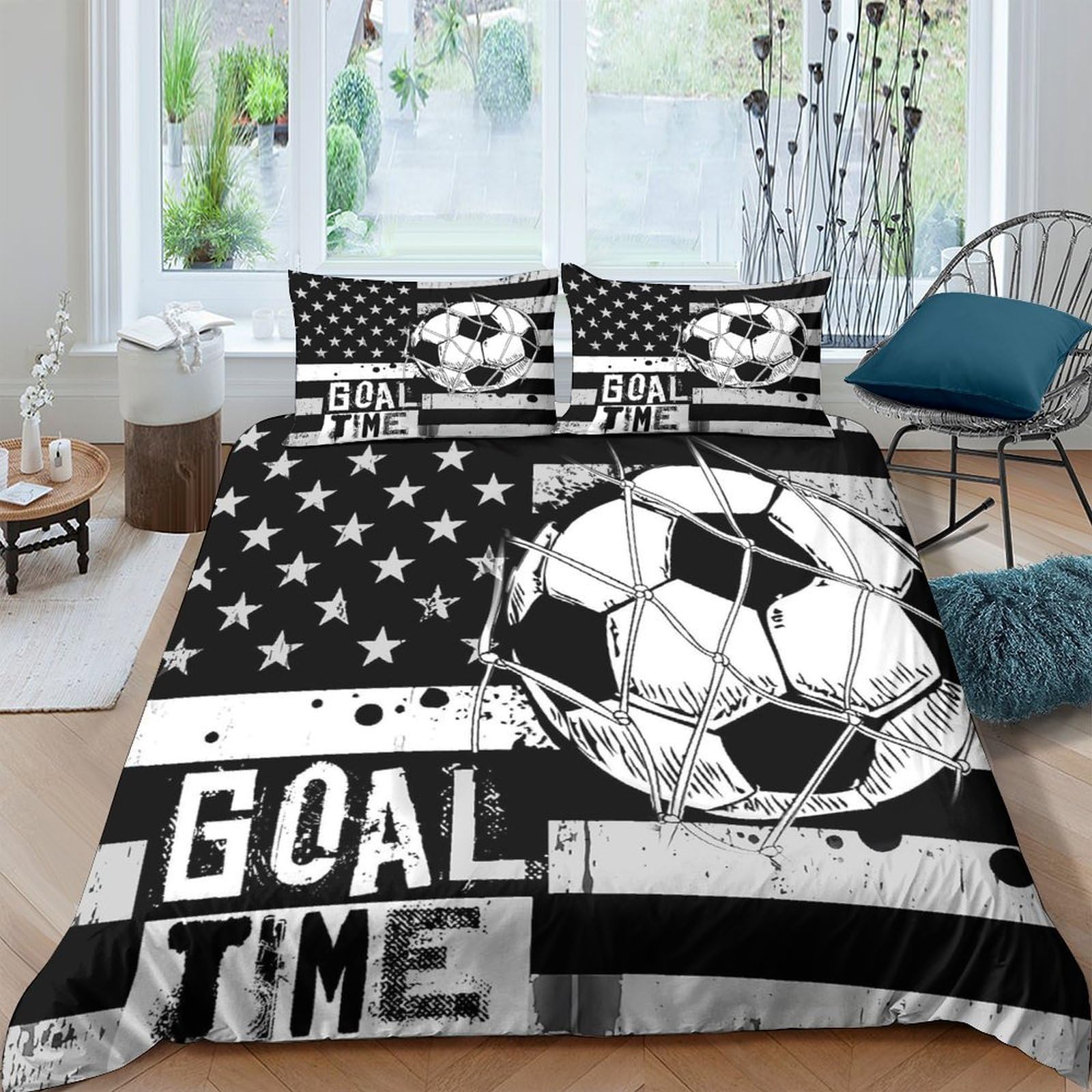 GPLZQXKJNH 3D Printed Soccer Ball Duvet Cover Set Microfiber Black White American Flag Bedding Set with 2 Pillowcases for Bedroom Home Décor Single（135x200cm）