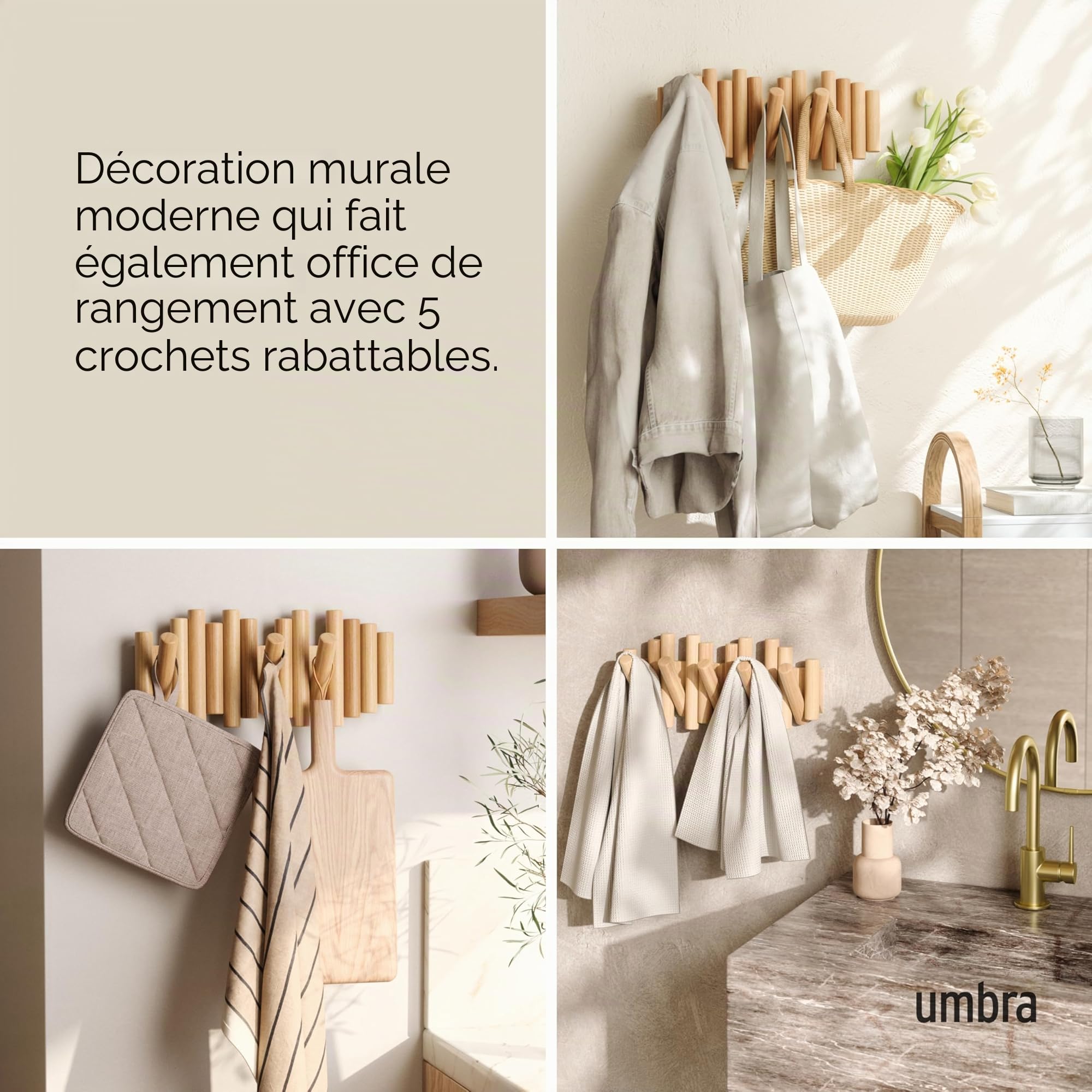 Umbra Picket 5. Patère Murale 5 crochets, en Bois Naturel, 37,1x16,5x4,4 cm