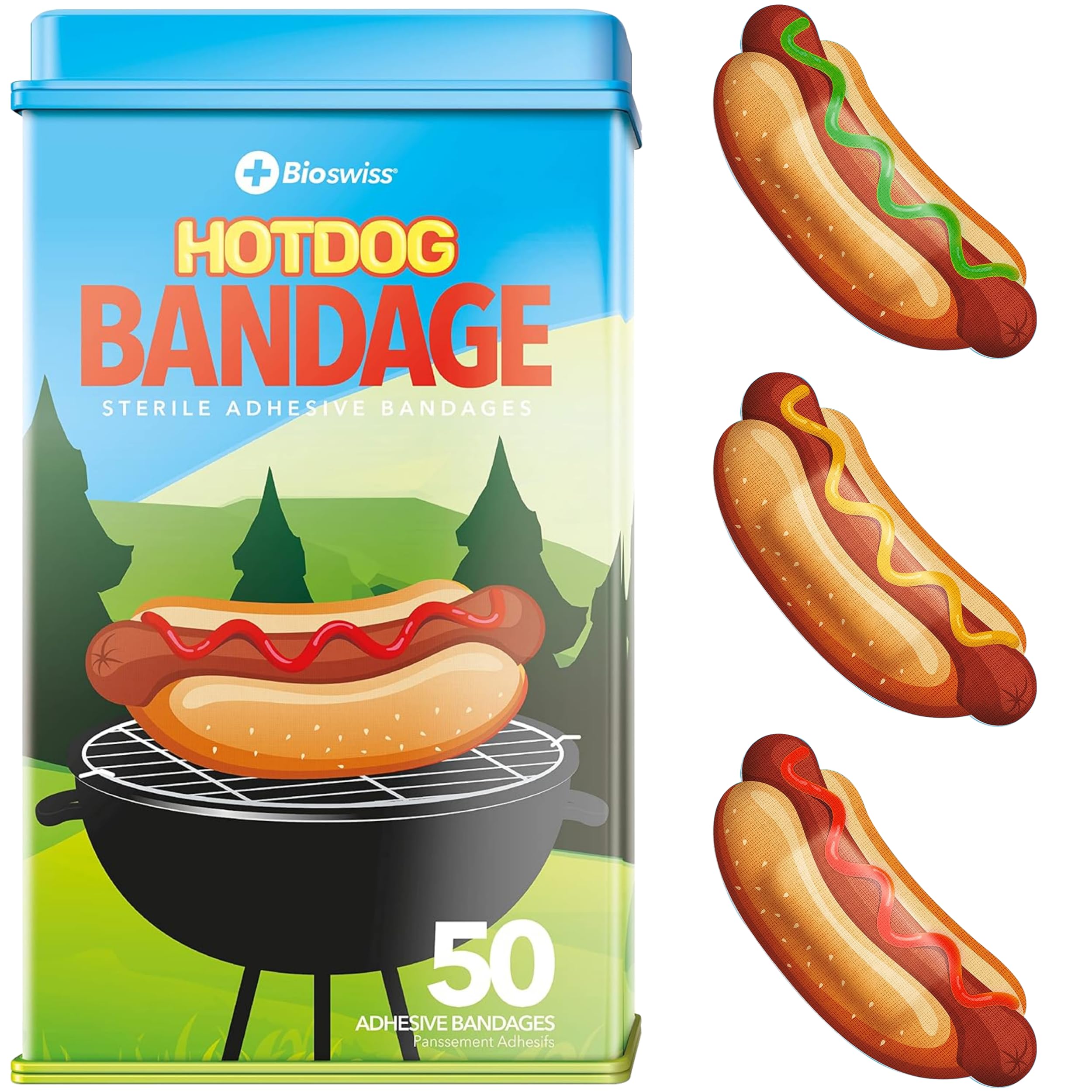 BioSwiss Bandages, Hot Dog Shaped Self Adhesive Bandage Set, Latex Free, Sterile Wound Care, 50 Count