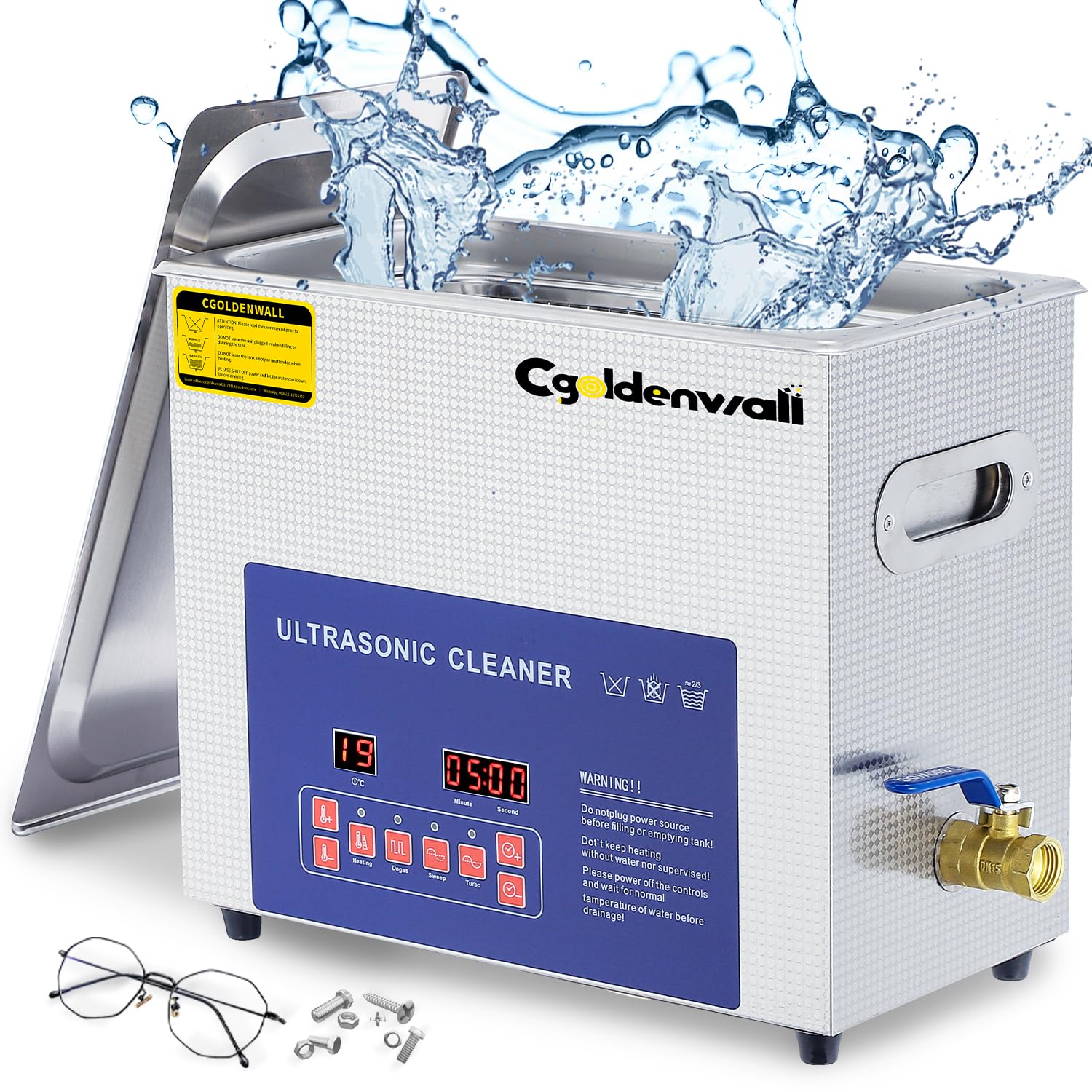Cgoldenwall 6L Limpiador Ultrasónico Digital 28/40khz Doble Frecuencia Desgasificador 20-80℃ Calentamiento&0-30 Min Temporizador para Joyas/Rachas/Lentes/Piezas Metálicas