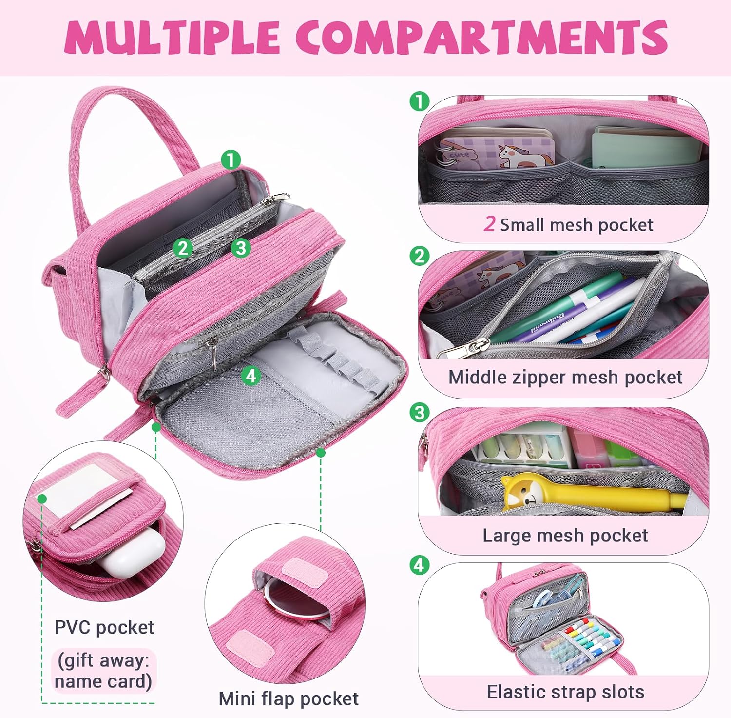 Pencil Case Corduroy Multiple Compartments Pouch Bag for Girl, Hot Pink image 4