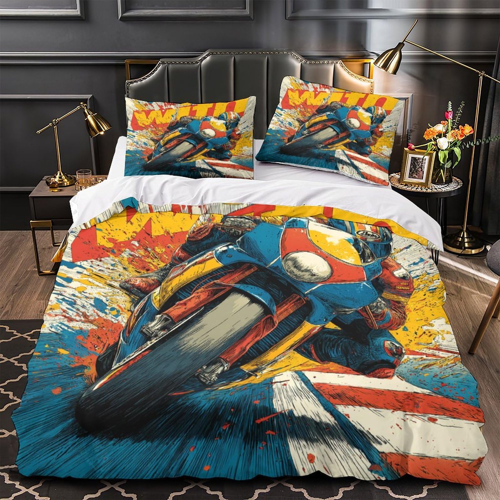3D Motorcycle Racer Bed Soft Premium Brushed Microfiber Easy Care Extreme Sports Bedding Set with Pillow Cases For Girls/Kids/Boys/Adults Bedroom Decoration Super King（260x220cm）