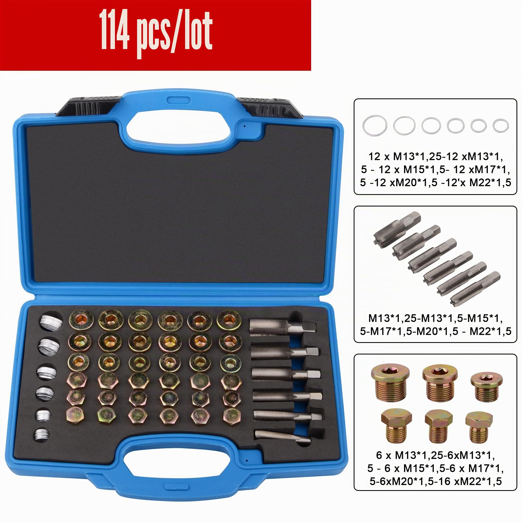 DAYUAN 114pcs kit de réparation du Filetage du Carter d'huile M13 M15 M17 M20 M22 Outil de Bouchon de vidange | Acier durable pour la réparation rapide des vis de vidange d'huile filetés, M13 x 1,25 | M13 M15 M17 M20 M22 x 1,5