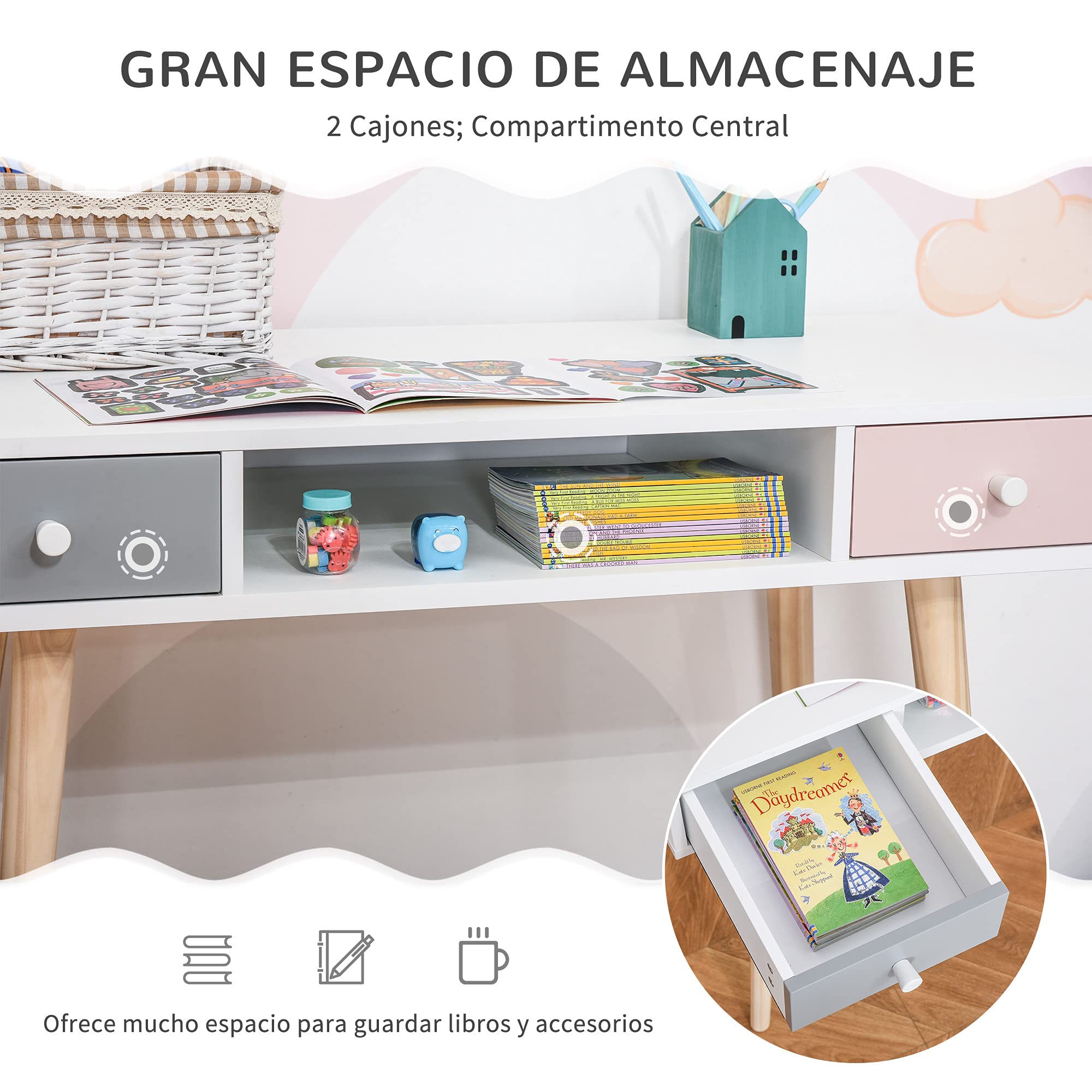 HOMCOM Mesa de Escritorio Infantil con 1 Compartimento Abierto y 2 Cajones Estilo Nórdico 100x48x76,5 cm Multicolor