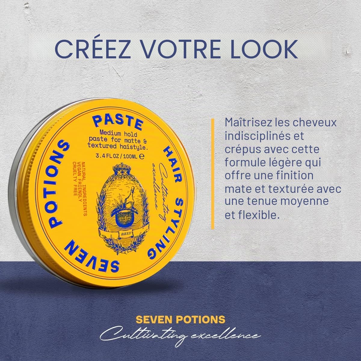 Seven Potions Pâte coiffante pour homme 100 ml – Adhésion moyenne et flexible – Fini mat et texturé – Application facile – Naturel, végétalien, sans cruauté