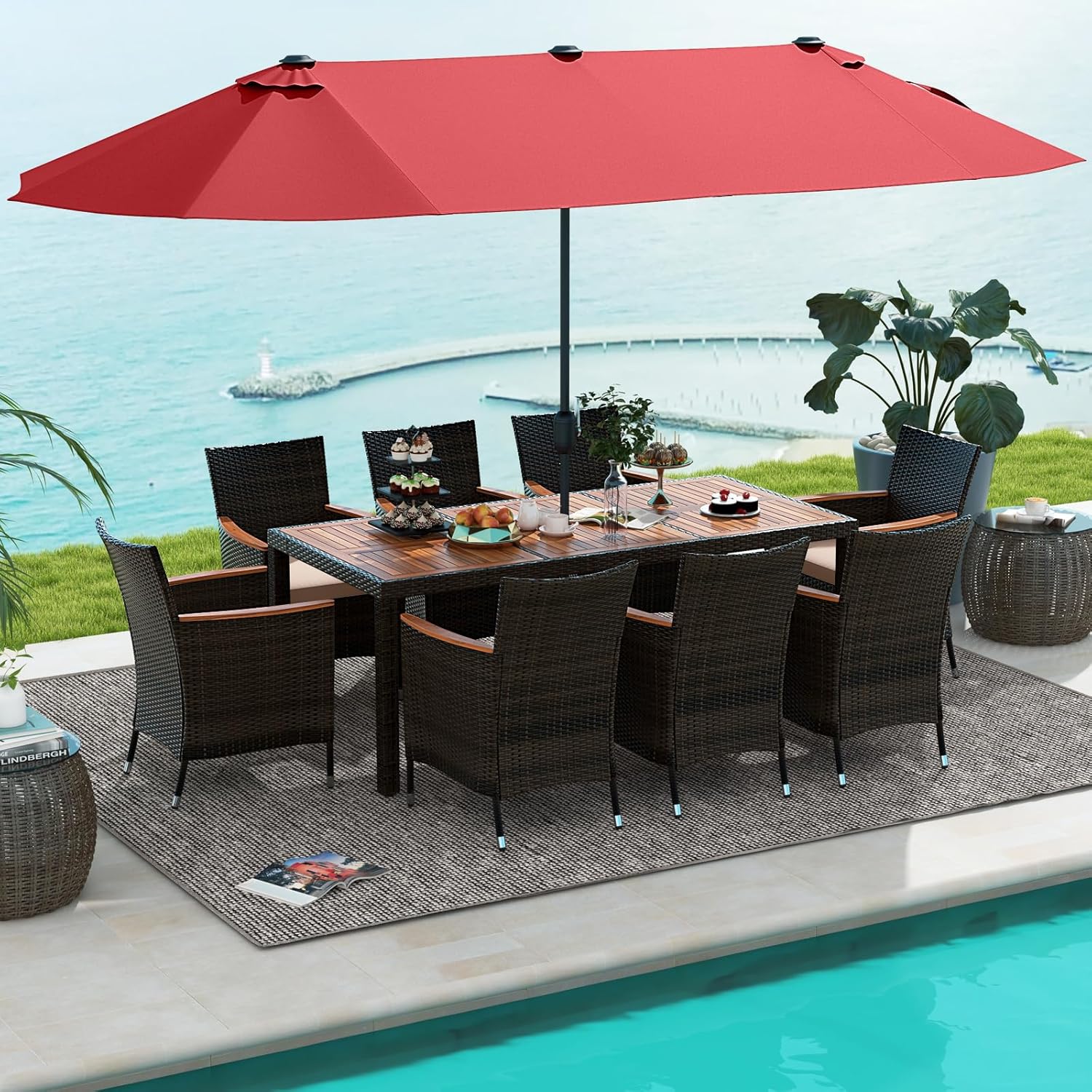 Tangkula 10 Piece Patio Rattan Dining Set with 15Ft Double-Sided Umbrella, Outdoor Heavy Duty Acacia Wood Table and Stackable Wicker Chairs Set, Umbrella with Weighted Base Wine