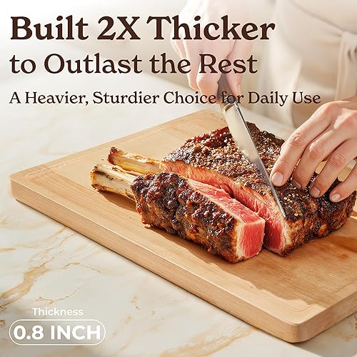 Miniatura 2 de SMIRLY Juego de tablas de cortar de madera para cocina, juego de tablas de cortar de madera reversibles con ranuras profundas para jugos profundos,