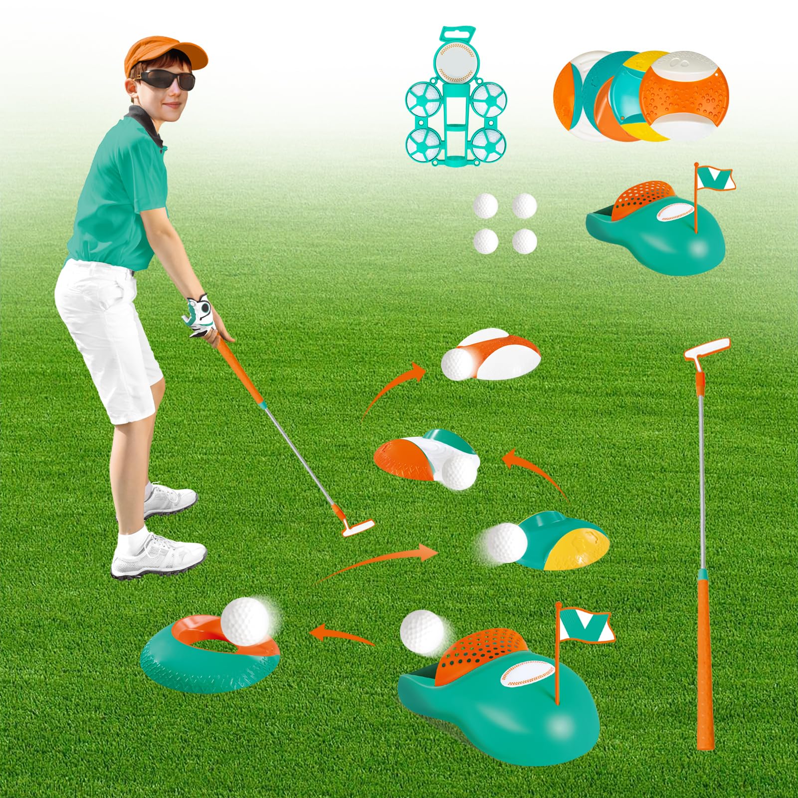 KalaDuck Kids Golf Set 6-8, Battle Golf with Retractable Golf Club, 4 Golf Balls, Auto Pitch Goal, 3 Golf Heads and Practice Holes, Indoor Outdoor Junior Toddler Golf Game for Boys Girls 3-5