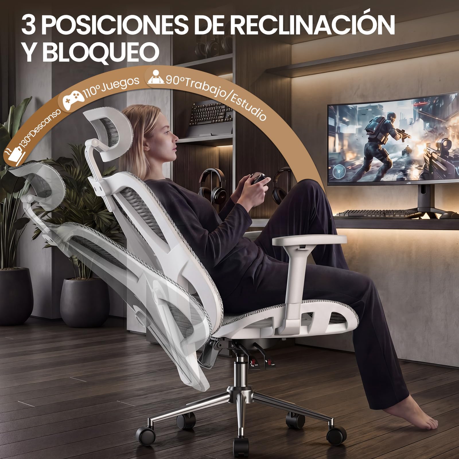 naspaluro Silla de Oficina Ergonómica con Reposacabezas, Respaldo Ajustable en 3 Posiciones, Carga hasta 150kg, Silla de Escritorio para Oficina y Home Office, Gris Claro