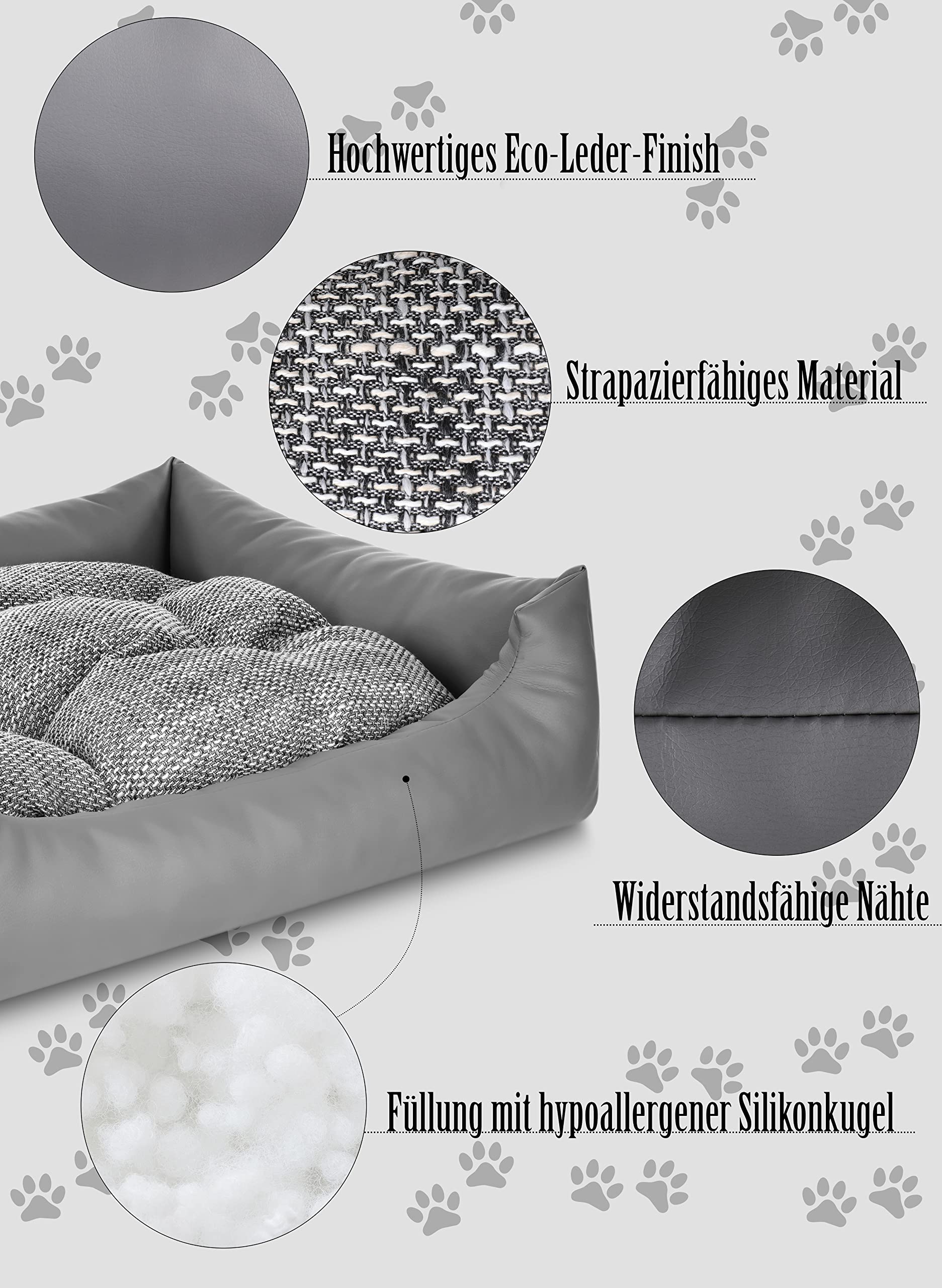 NELKE Hundebett Grosse Hunde Kunstleder Hundekorb Grau Hundekörbchen XXL 100x80cm große waschbar Hundesofa mit Hundekissen orthopädisches Hundecouch kuschelig Dog Bed Large