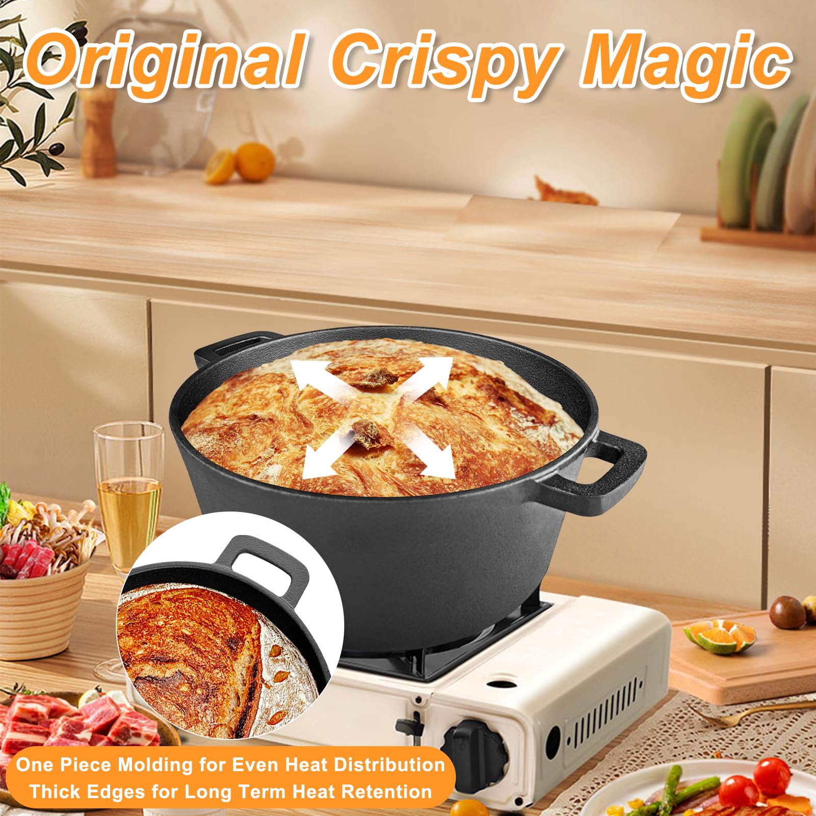 Olla de Hierro Fundido 26 cm, Para Hornear Pan Olla con Cesta de Fermentación, Horno Holandés 2 en 1, Sartén Robusta Para Hornear Pan, para Camping, Cocina, Casera, Barbacoa, Bake
