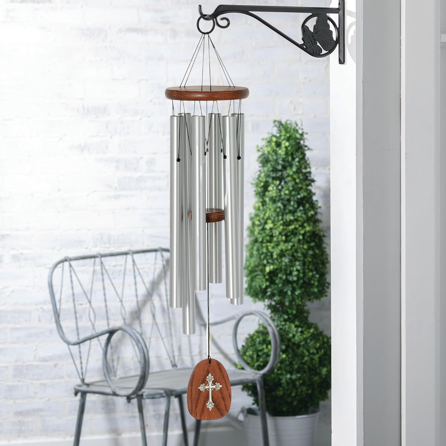 Woodstock Chimes Cross Wind Chime for Outside, Garden, Patio, Porch and Outdoor Decor (25'') Silver Amazing Grace Medium (AGMCR)