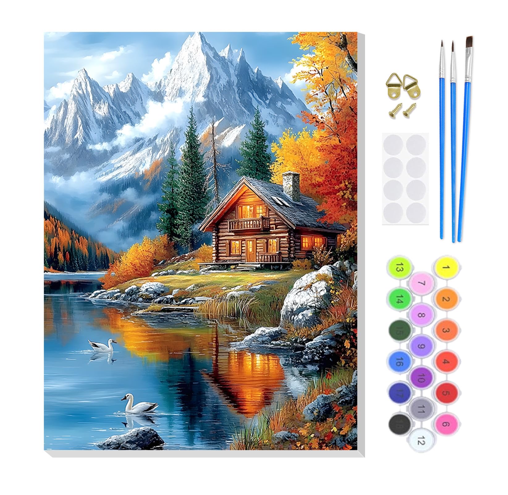 KEYIFA Paint by Numbers for Adults on Framed Canvas,Snow Mountain Forest Cabin Painting by Number Canvas Kits with Acrylic Paint Brushes, DIY Craft Oil Painting Art Kits for Adults, Home Wall Decor