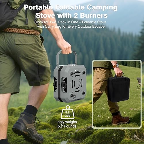 Miniatura 4 de Estufa de campamento de 2 quemadores, portátil, plegable, doble combustible, propano y butano, 15700 BTU con parrilla, 2 quemadores ajustables,