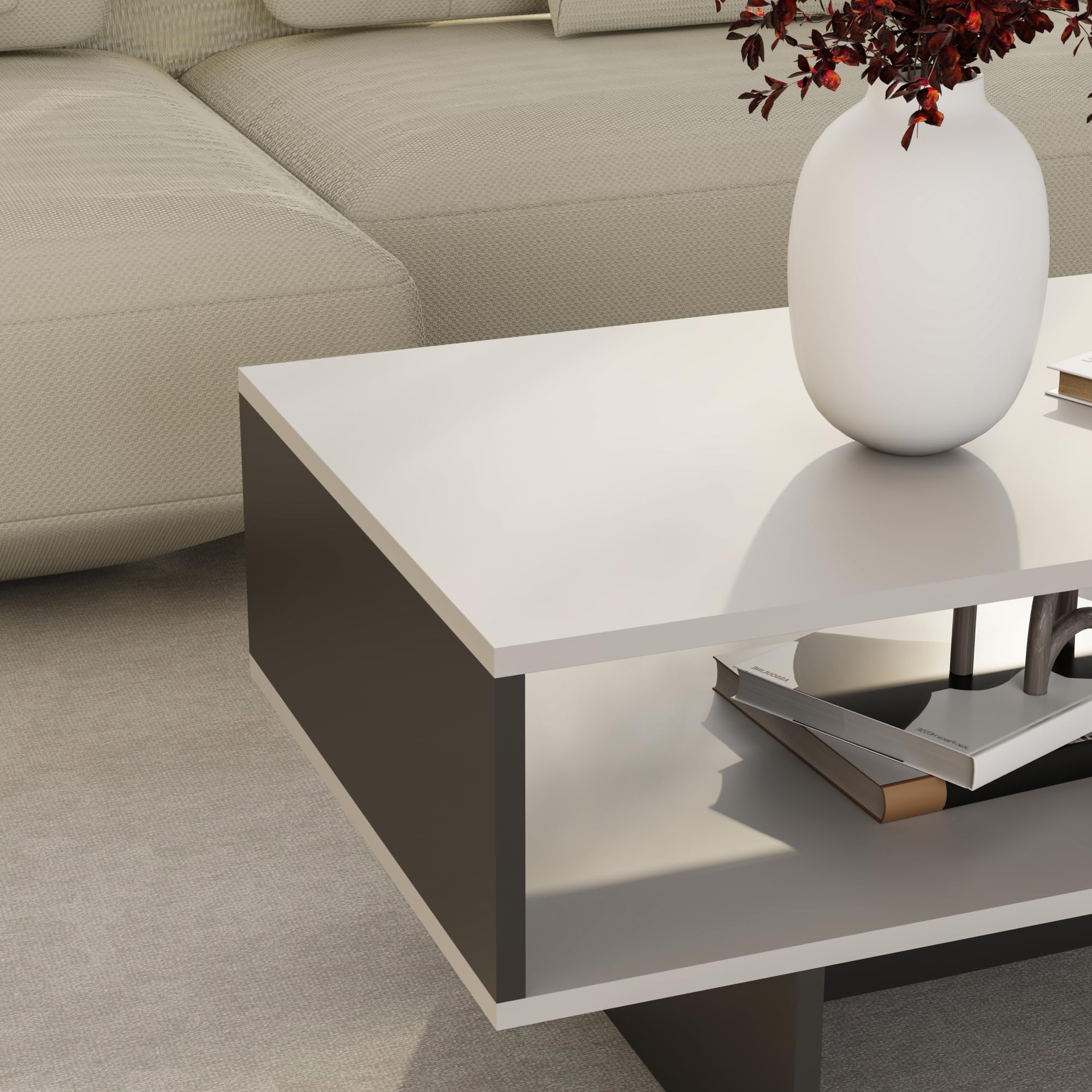 [en.casa] Tavolino da Salotto (AxLxP): 36,4 x 80 x 45 cm Tavolino Basso da Divano Tavolino a 2 Piani di Appoggio Rettangolare - Bianco/Antracite