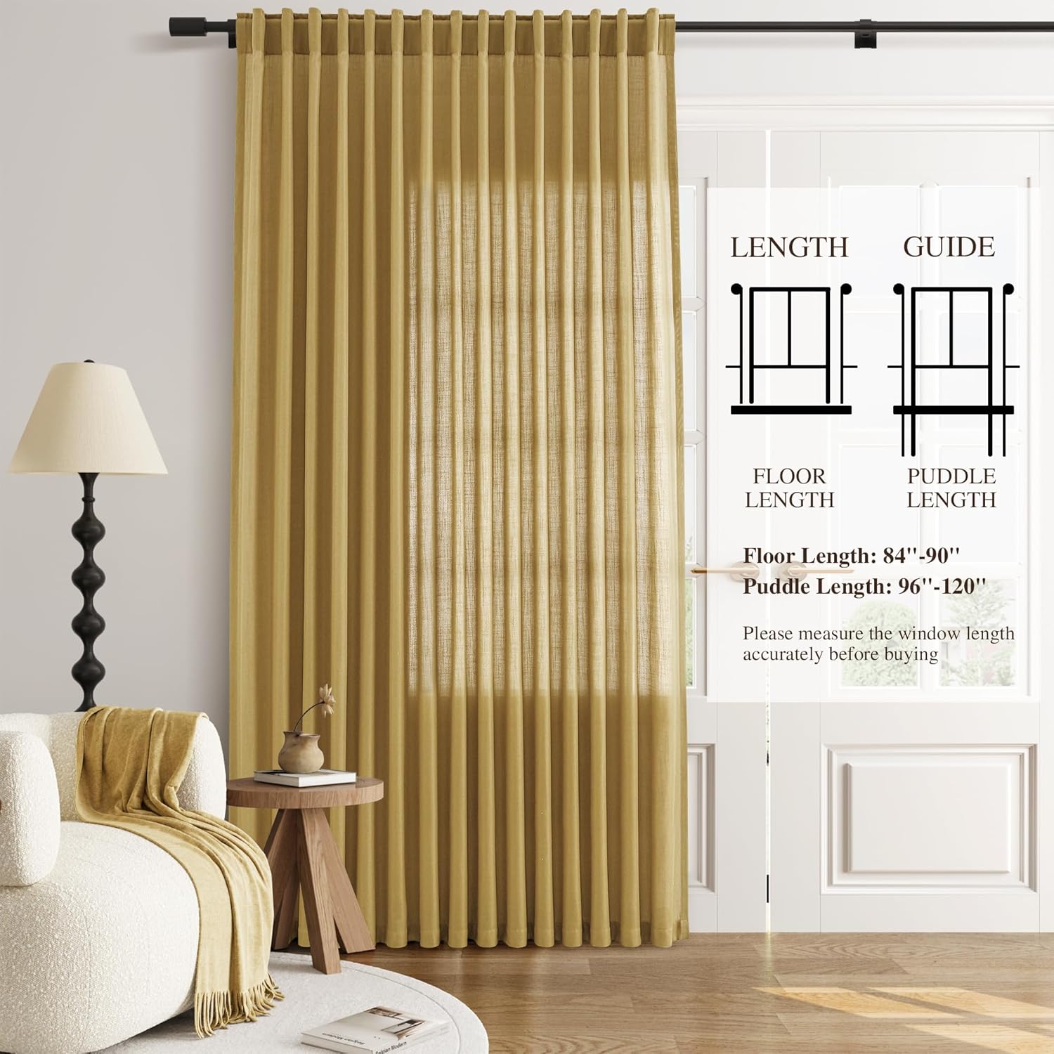 Gold Extra Wide Curtains Linen for Sliding Glass Door Yellow 100 Inch Wide Back Tab Curtain Patio Living Room Divider Semi Sheer Farmhouse Modern Light Filtering Drape 1 Panel W100xL96