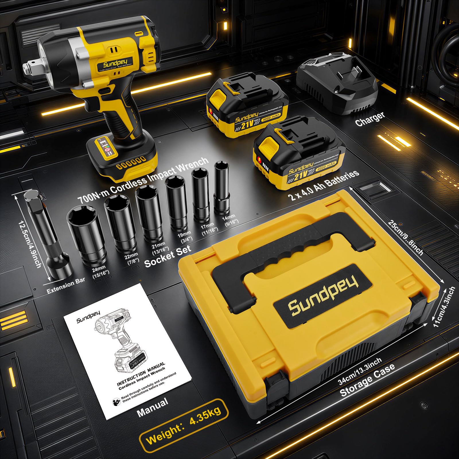 Sundpey Avvitatore a Impulsi a Batteria 700 Nm, 1/2" Brushless Avvitatore ad Impulsi con 2 Batterie 4,0 Ah, 6 Bussoli, Anello LED, 21V Avvitatore a Percussione per Cambio Pneumatici Auto e Bricolage
