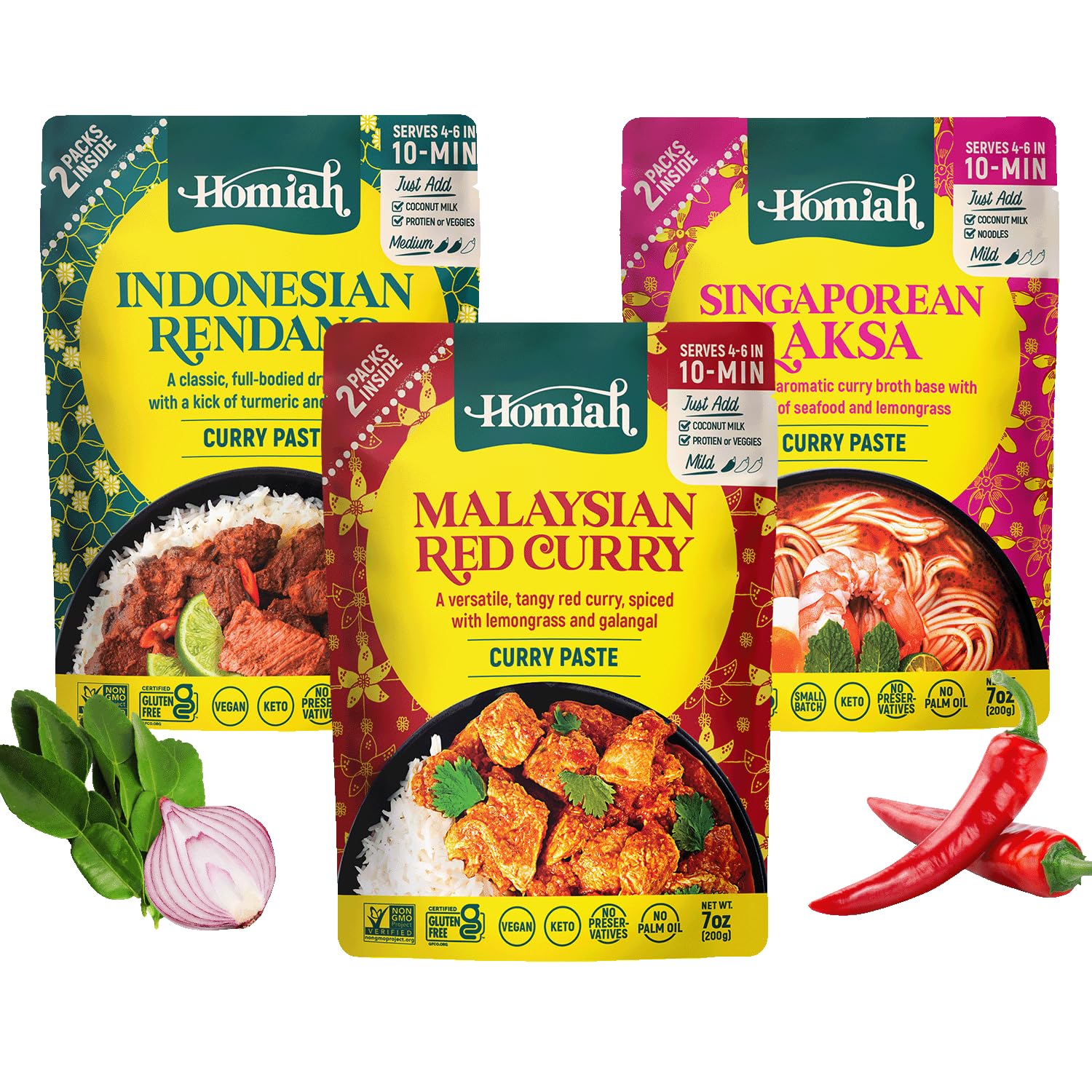 Homiah Curry Paste Sampler (Value 3 Pack x 7 Oz) Gluten Free Non-GMO Malaysian Curry Paste – Vegan Red Curry Laksa Rendang Paste Thai Essentials for Kitchen – Premium Thai Curry Paste for Asian Dishes