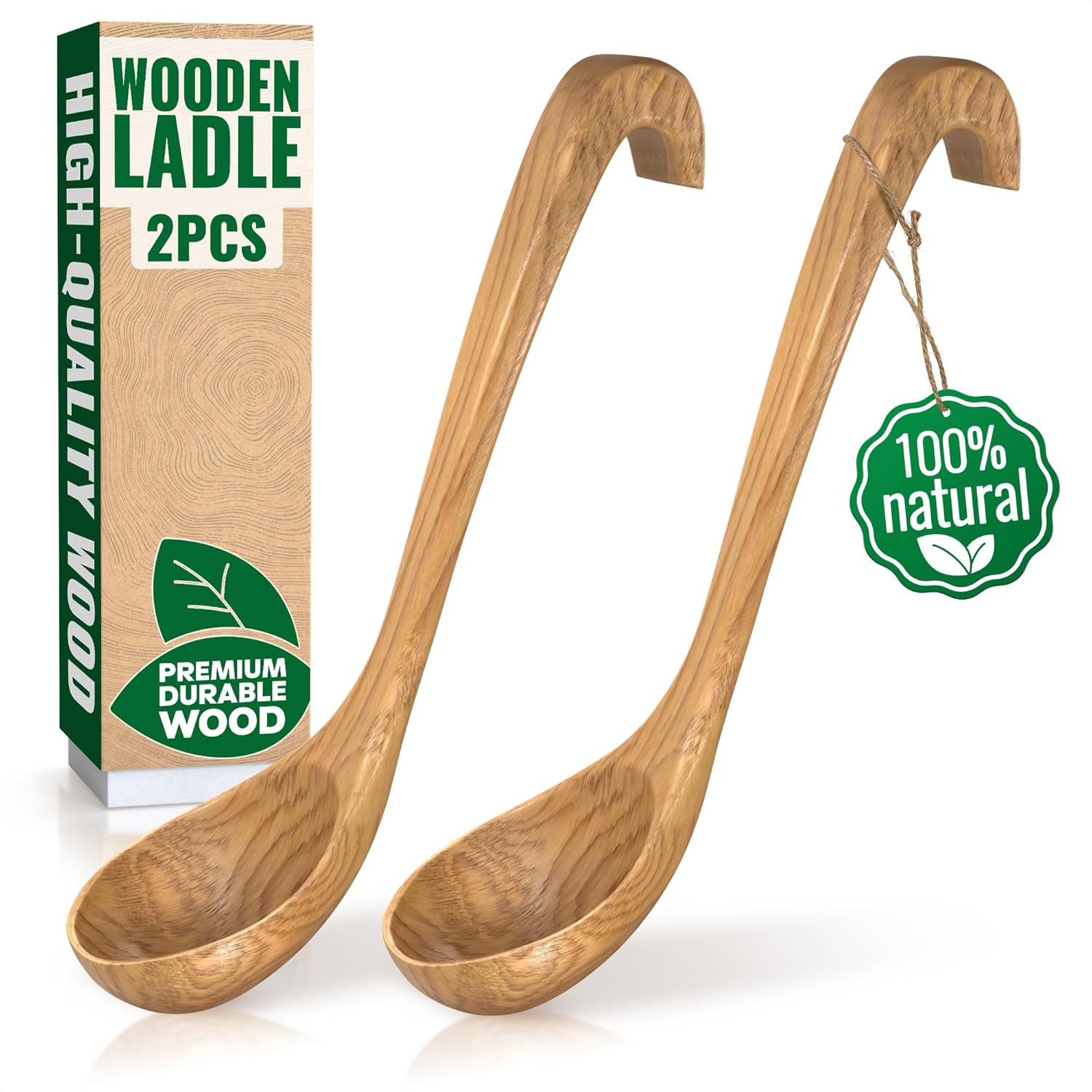 2 Pcs Wooden Ladle for Soup – 10.8×2.8" Bamboo Soup Ladle for Stews and Sauces with Deep 2.7 fl oz Capacity & Lacquer-Coated Finish – Wooden Cooking Spoons with Hook Handles for Kitchen & Catering