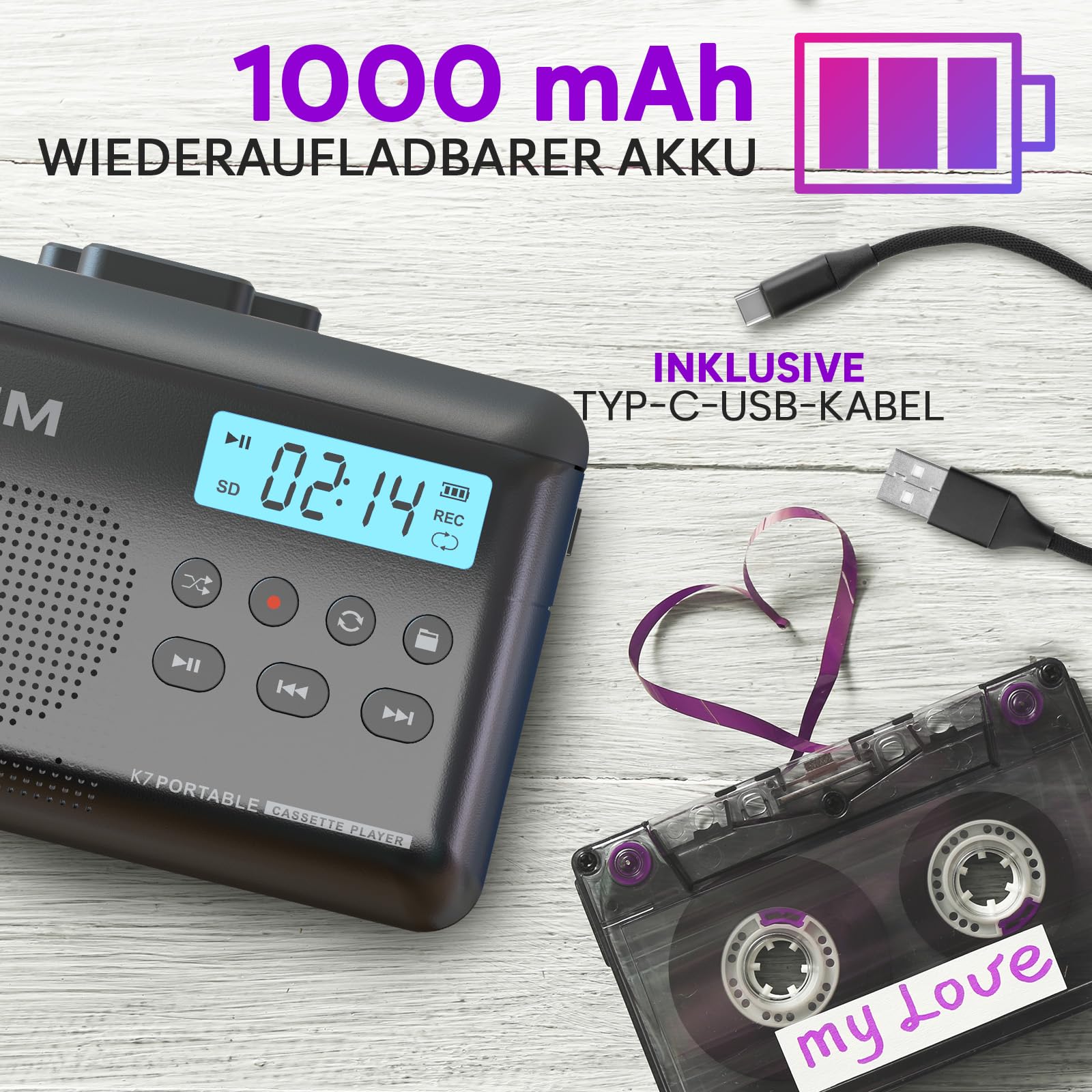 Kassettenspieler - Kassettenrekorder - Cassette Gerät - Kassetten Digitalisieren - Tragbarer - Mikrofon & Lautsprecher - Wiederaufladbarer Aufladbar - Stereoausgang - 16GB SD-Karte - Asche