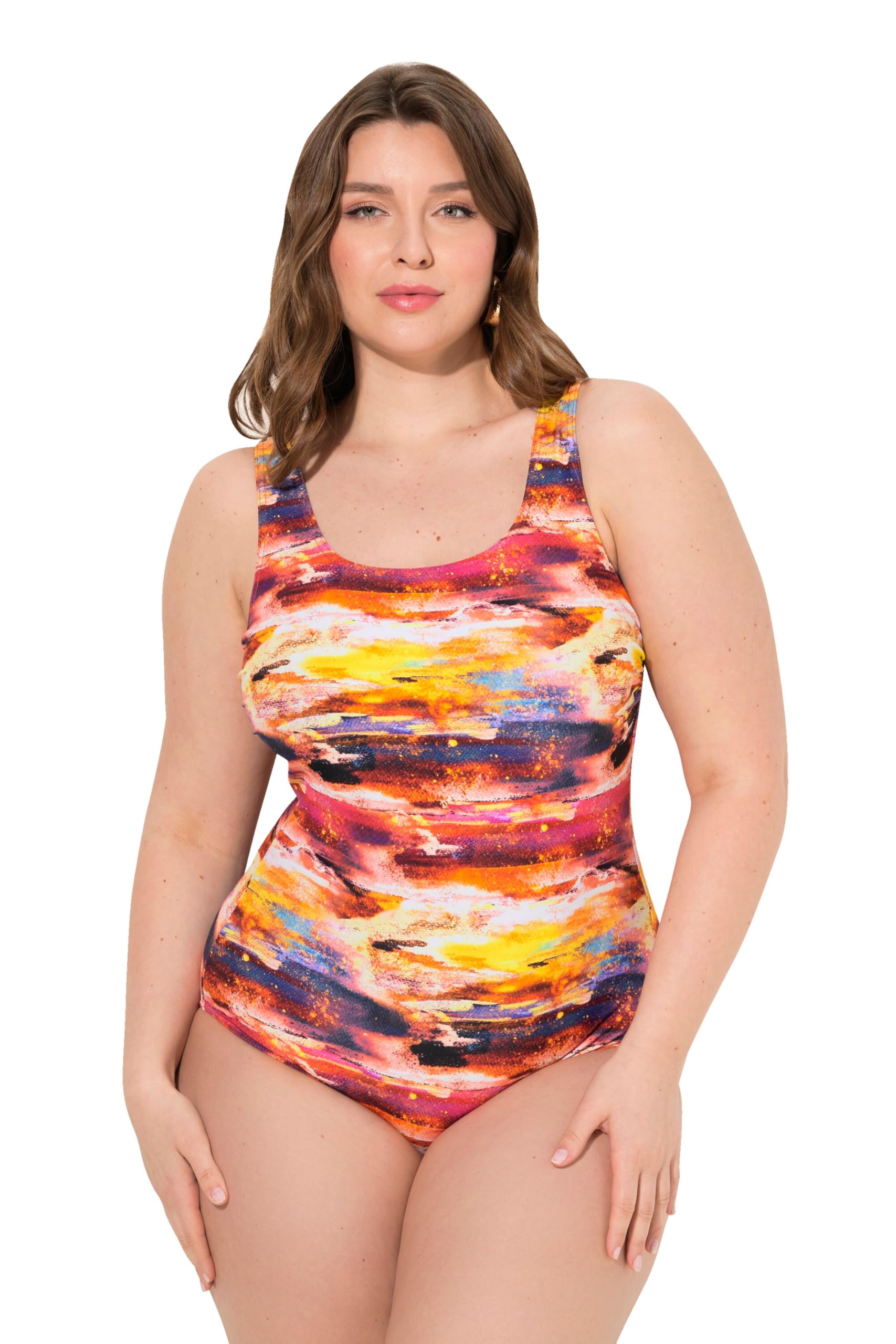 Ulla Popken Damen große Größen Übergrößen Plus Size Badeanzug, ohne Softschalen, Rundhals, Vorderfutter 832268