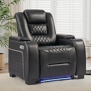 ANJ Dual Motor Power Recliner Set of 1 with Adjustable Headrest & LED Light, Faux Leather Home Theater Seating with Cup Holders & Arm Storage, Electric Reclining Chairs for Living Room, Black