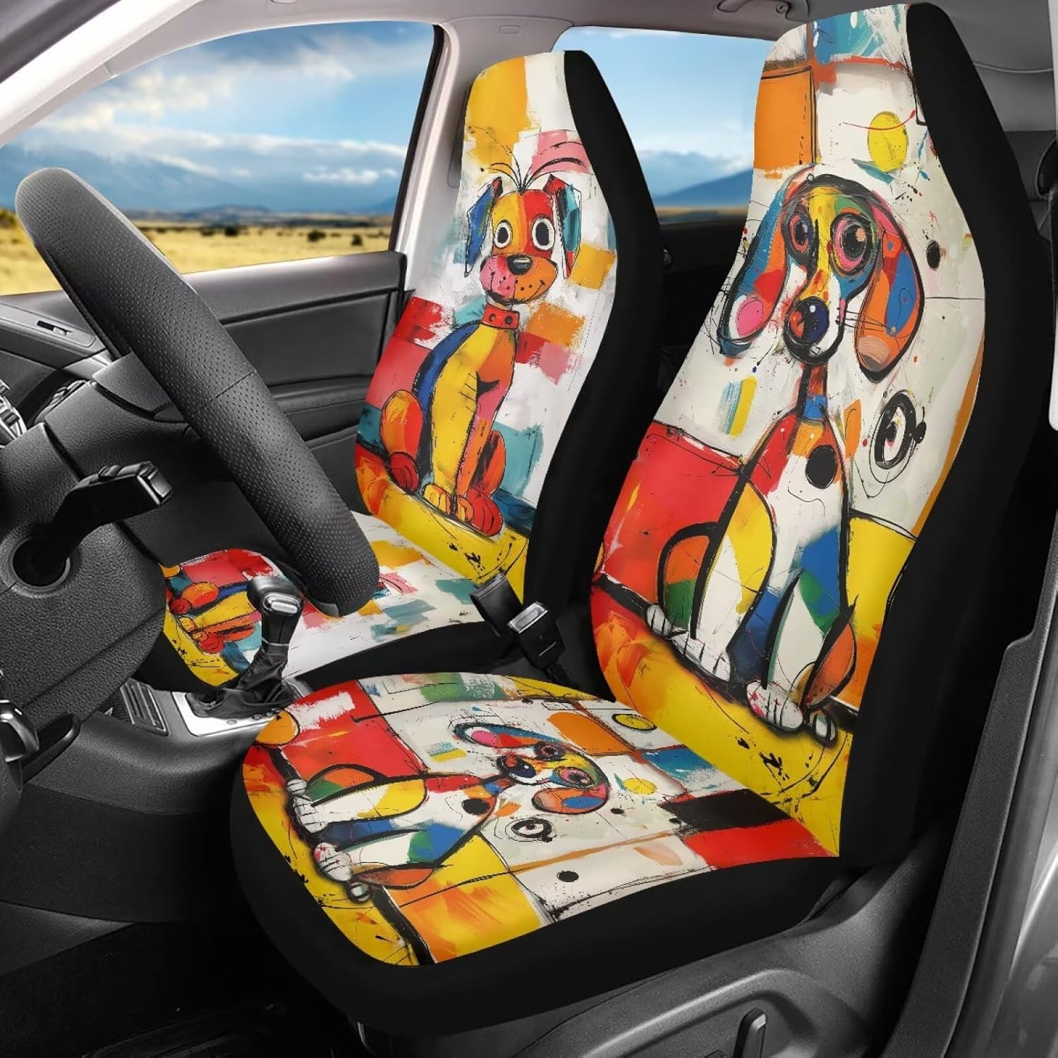 Bulopur Dog Car Seat Covers Front Seats Handmade Painting Soft Breathable Car Seat Covers Cute Automotive Interior Protector for Sedans SUVs Trucks, Easy to Install