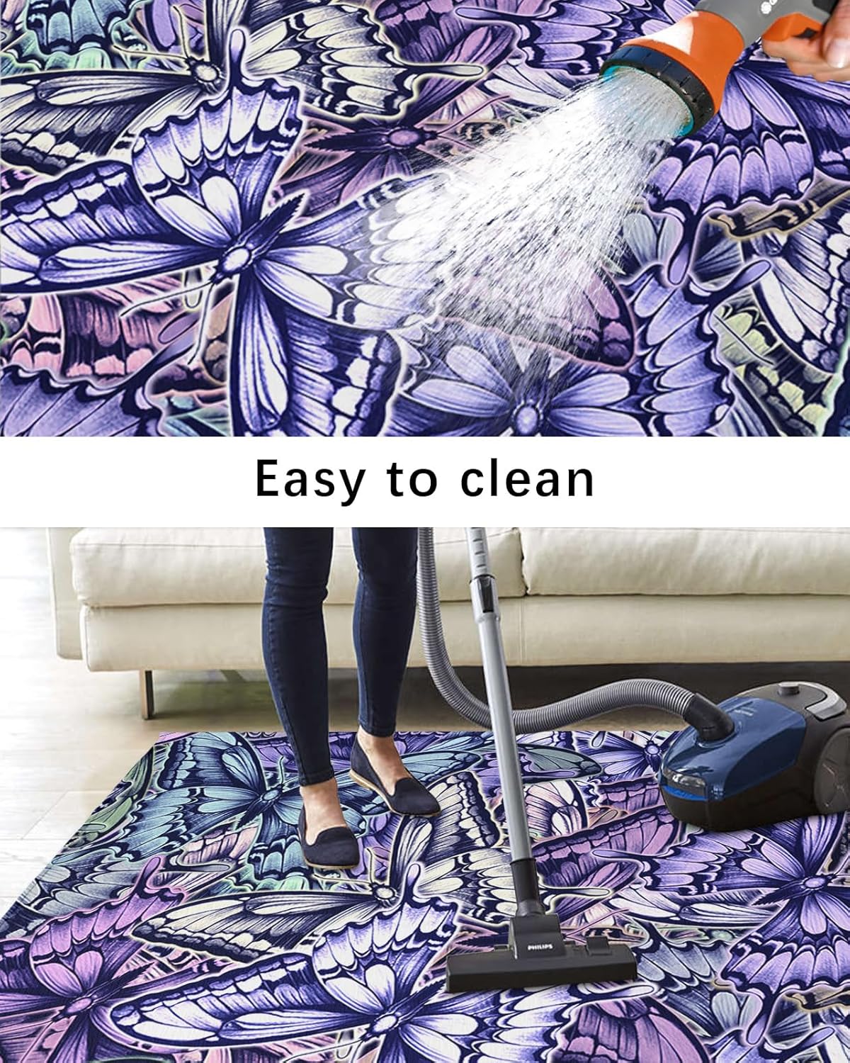 Purple Blue Teal Butterfly Outdoor Rug for Patio/Deck/Porch, Non-Slip Large Area Rug 4 x 6 Ft, Modern Abstract Art Indoor Outdoor Rugs Washable Area Rugs, Reversible Camping Rug Carpet Runner