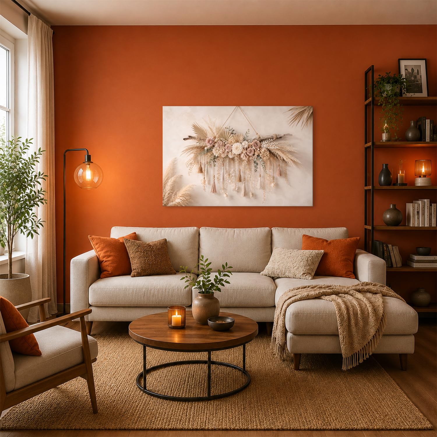 Leinwandbild Trockenblumen und Quasten an Holzstamm 70x50cm Farbig
