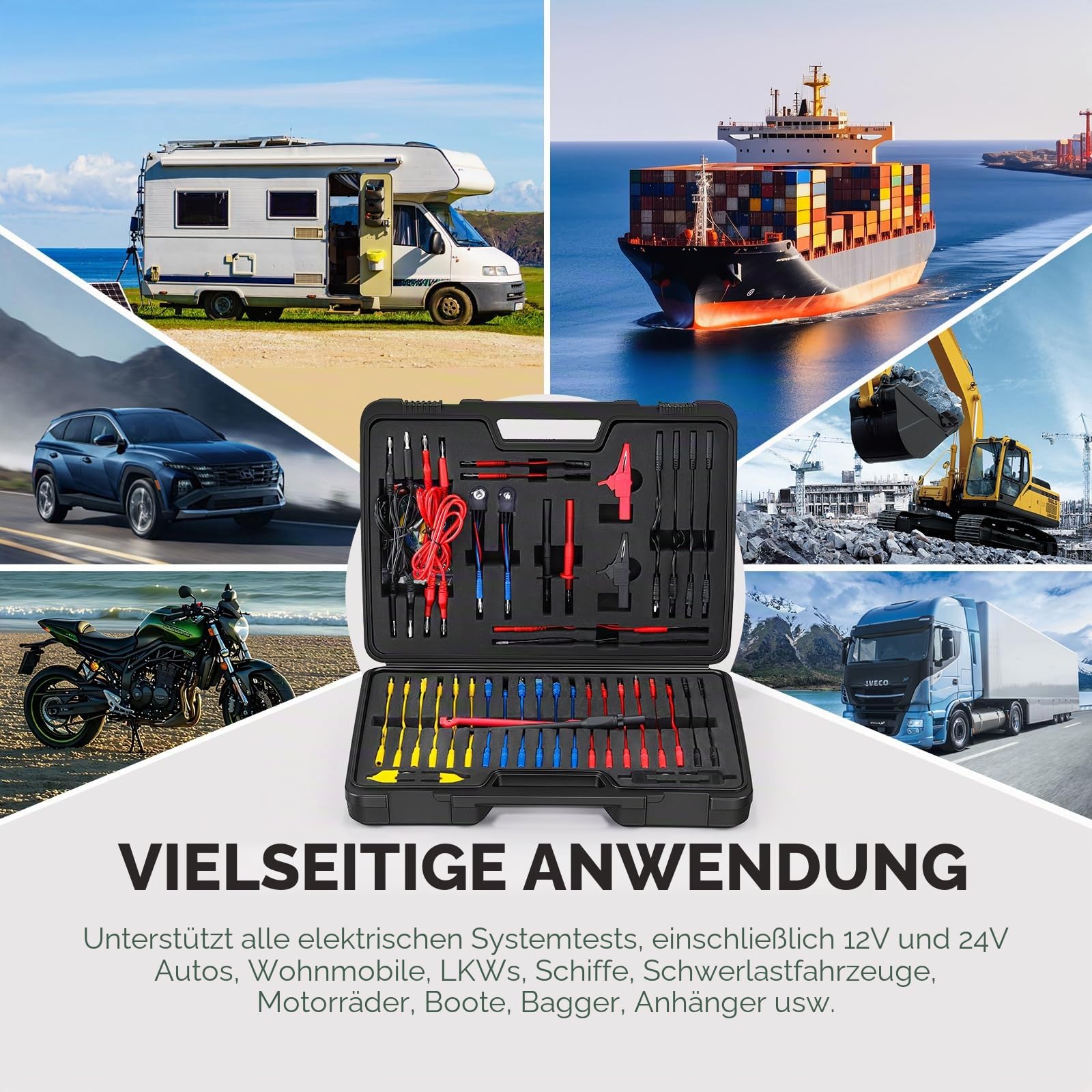 Bonvoisin 110PCS Messleitungen für Multimeter Kit für Auto Reparatur | 110-Teiliges Kfz-Prüfleitungs-Set, 72 Anschlüsse, Srs-Adapter, Led-Stroboskop, 4mm Bananenstecker, 0,5mm Durchstechsondene