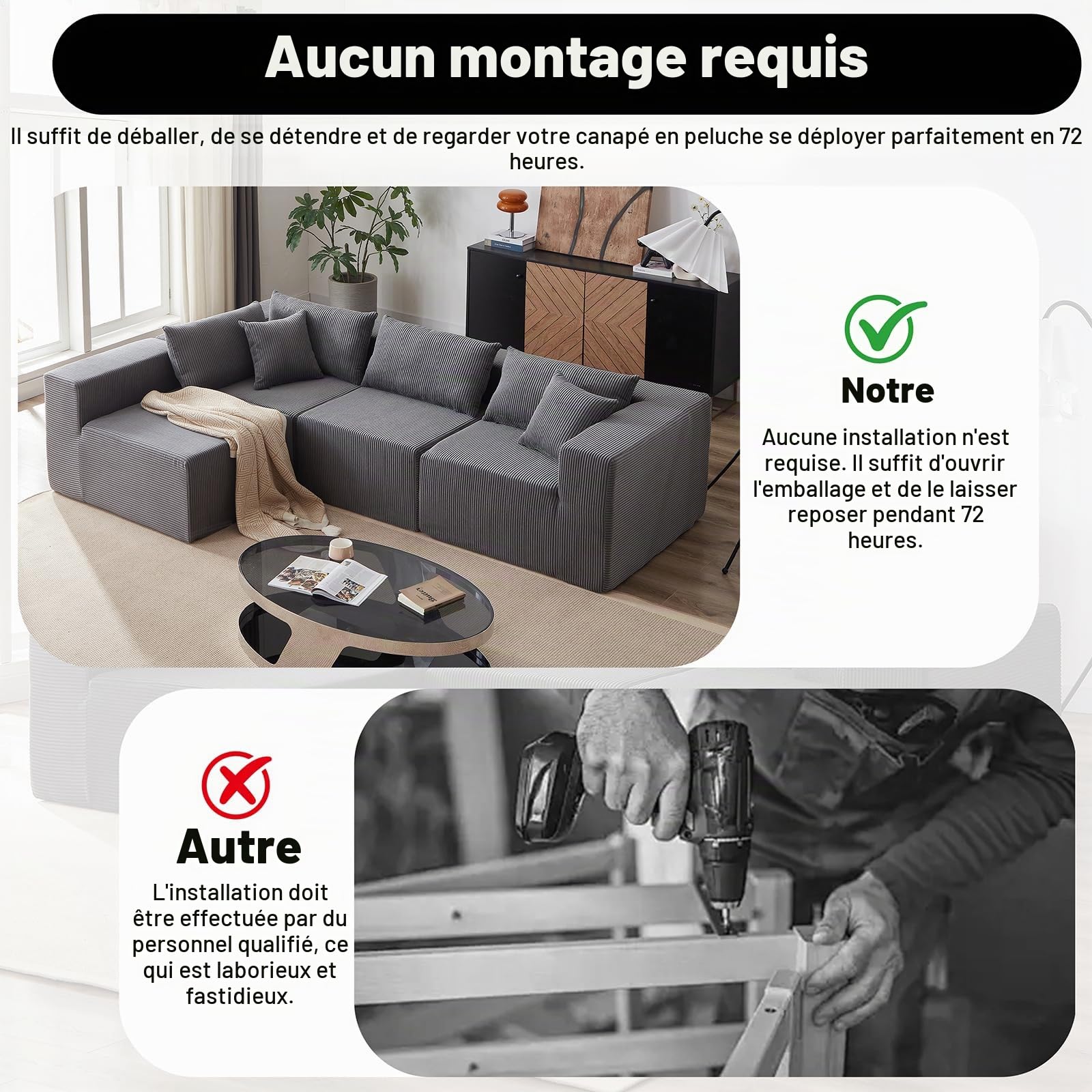 Yihomfy Canape d Angle Modulable, Canapé Compressé 4 Places, Boneless Couch Sofa, Canape Lit Convertible, Velours Côtelé, Mousse, Peut être Combiné Librement, pour Salon, Chambre à Coucher