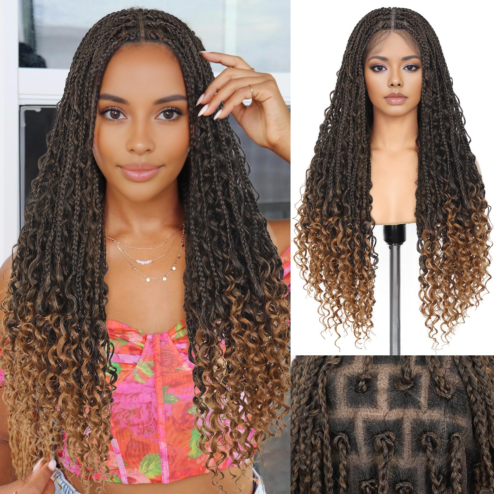 WIGNEE Boho Box Braid Wig - Full Double Lace Front, 30' Glueless, Knotless Braided Wigs with Boho Curls For Black Women