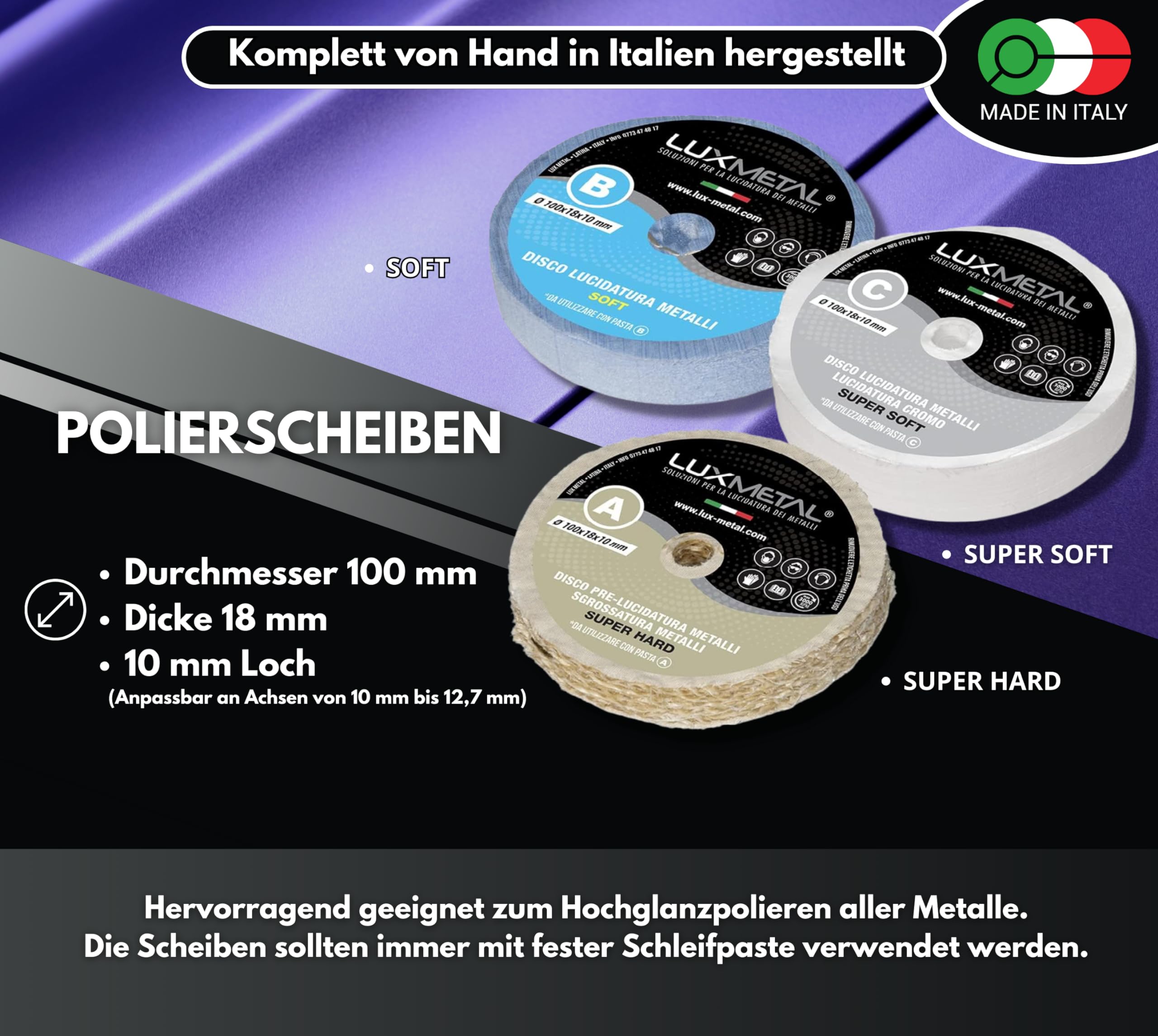 Lux Metal Polierscheibe 300 Mm Aus Baumwolle – Für Schleifbock, Bohrmaschine Und Winkelschleifer, Zum Polieren Von Metall, Edelstahl Und Aluminium, Inkl. Polierpaste