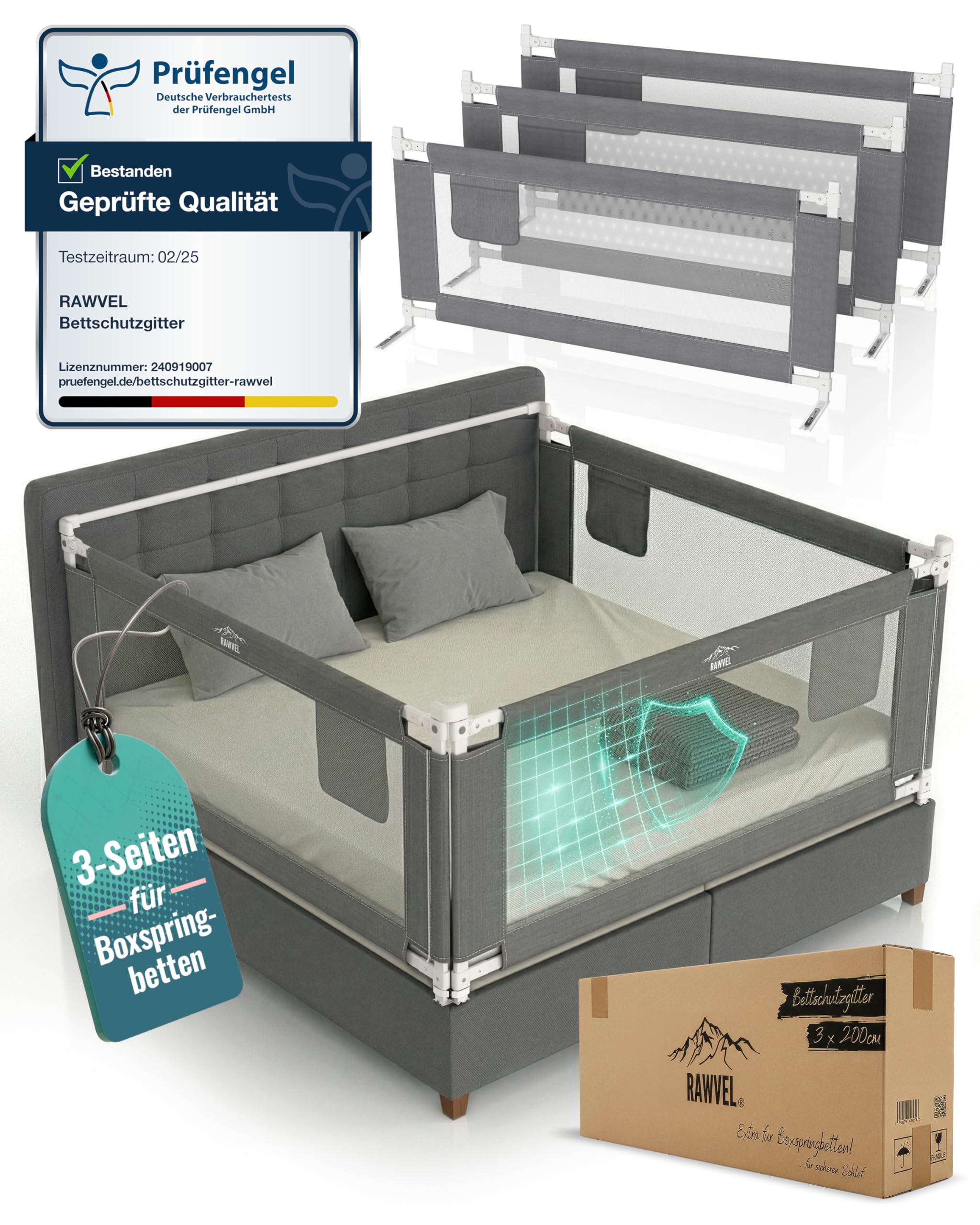RAWVEL® Bettgitter Rausfallschutz Boxspringbett 200x200 cm 3 Seiten Komplett Set Stange