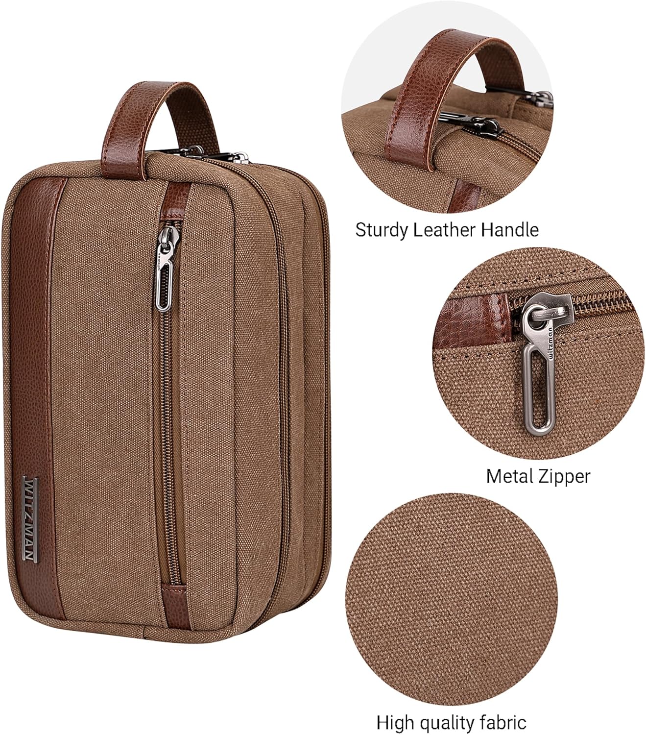 WITZMAN Canvas Toiletry Bag for Men Hanging Dopp Kit Organizer Water-resistant Travel Toiletries bag Men Bathroom Bag with Wet Pocket(A8001 Brown)