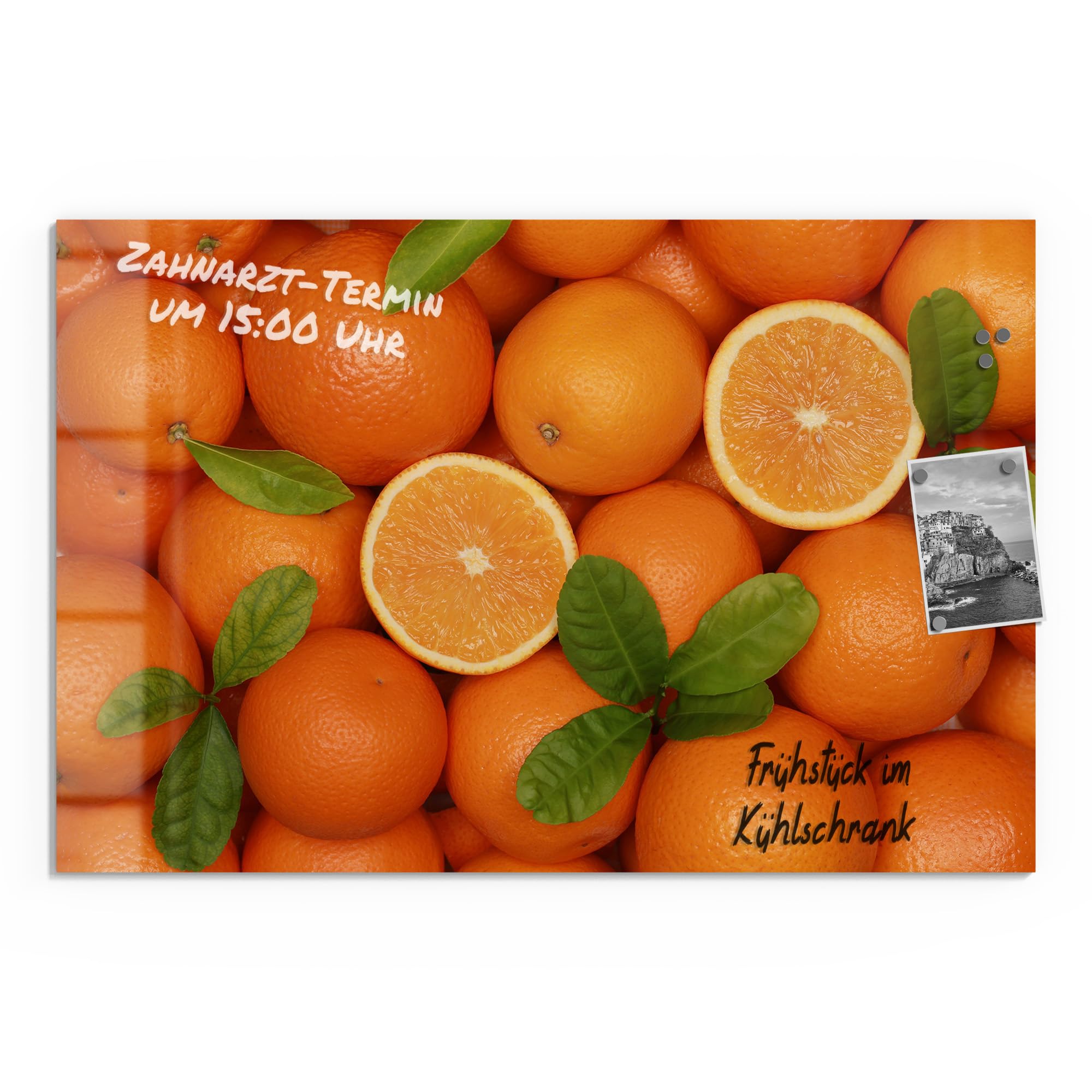 DEQORI Szklana tablica magnetyczna | wymiary 90 x 60 cm | motyw "Świeżość witamin" | tablica memo ze szkła | tablica magnetyczna z magnesami, długopisem i ściereczką do kuchni i biura | tablica