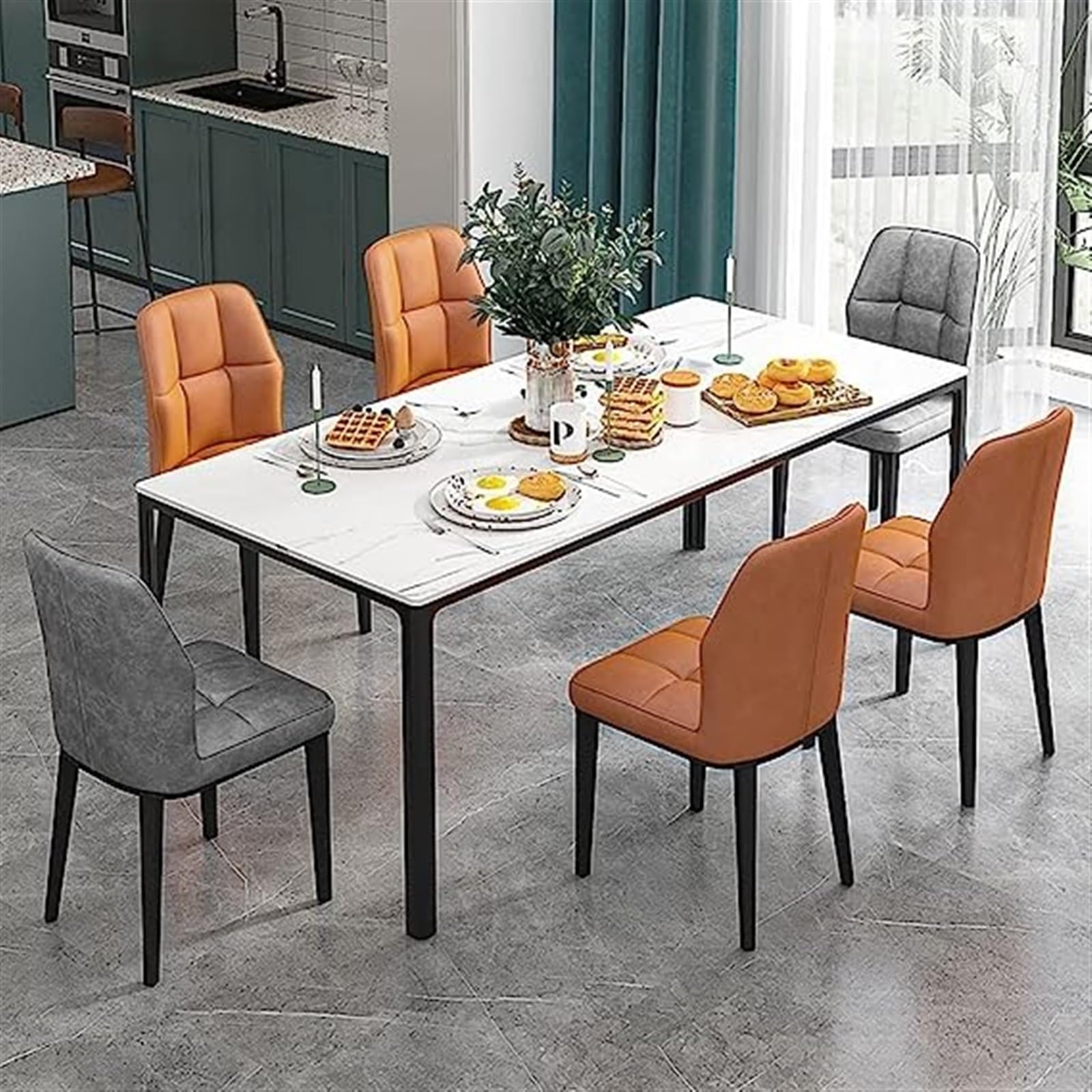 Juego de 6 sillas de comedor de cocina de piel sintética resistentes al agua con patas de metal de acero al carbono para oficina, salón, dormitorio (gris oscuro)