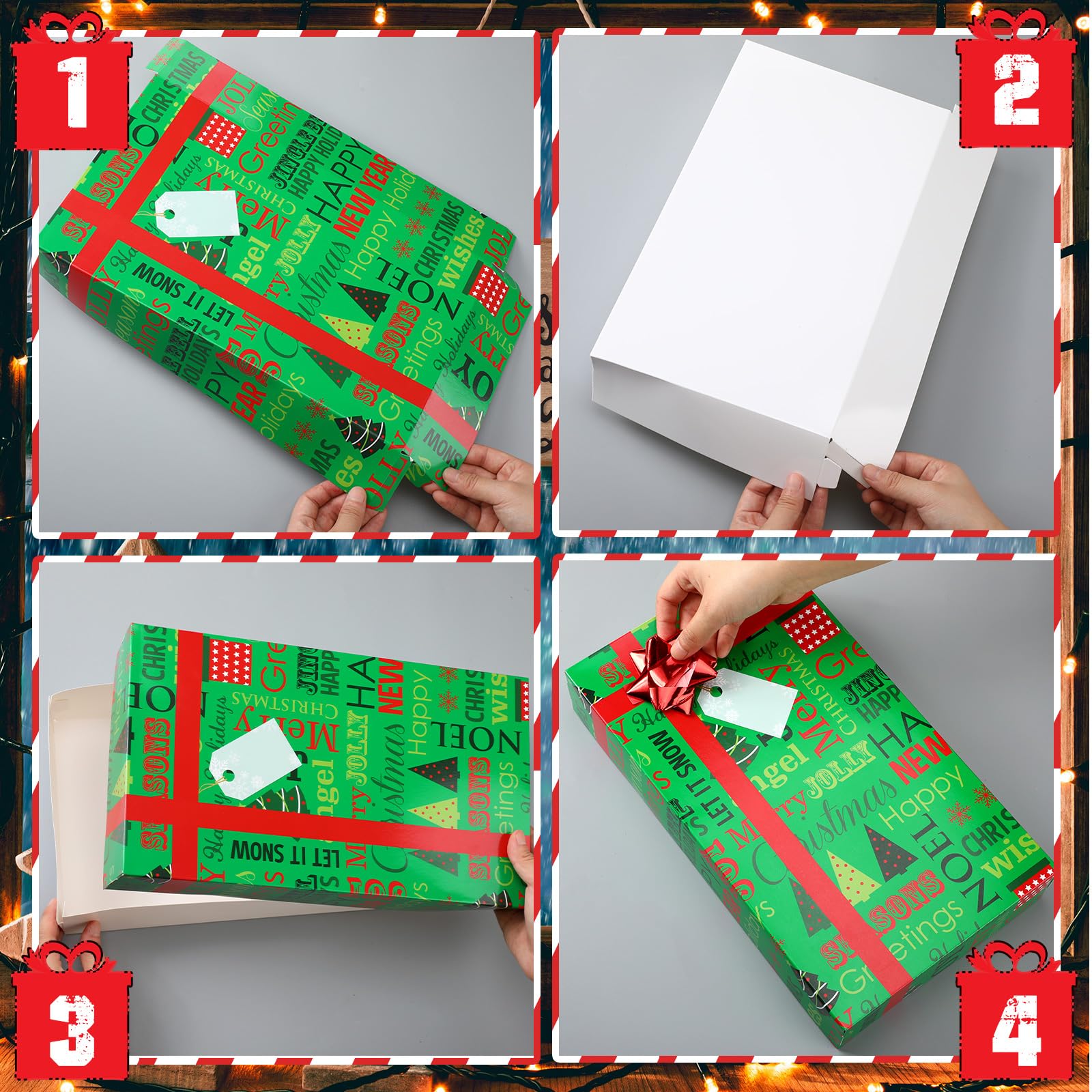 Lot de 24 boîtes cadeaux de Noël avec couvercles et nœuds rouges - Boîtes cadeaux de Noël - 4 tailles - Boîtes cadeaux de Noël pour emballer des cadeaux de Noël