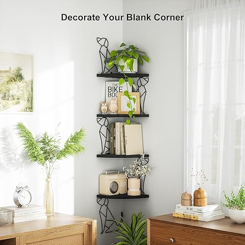 Miniatura 6 de Alsonerbay Estante de esquina negro para montaje en pared, estantes flotantes de 4 niveles para almacenamiento en la pared, estantes rústicos de