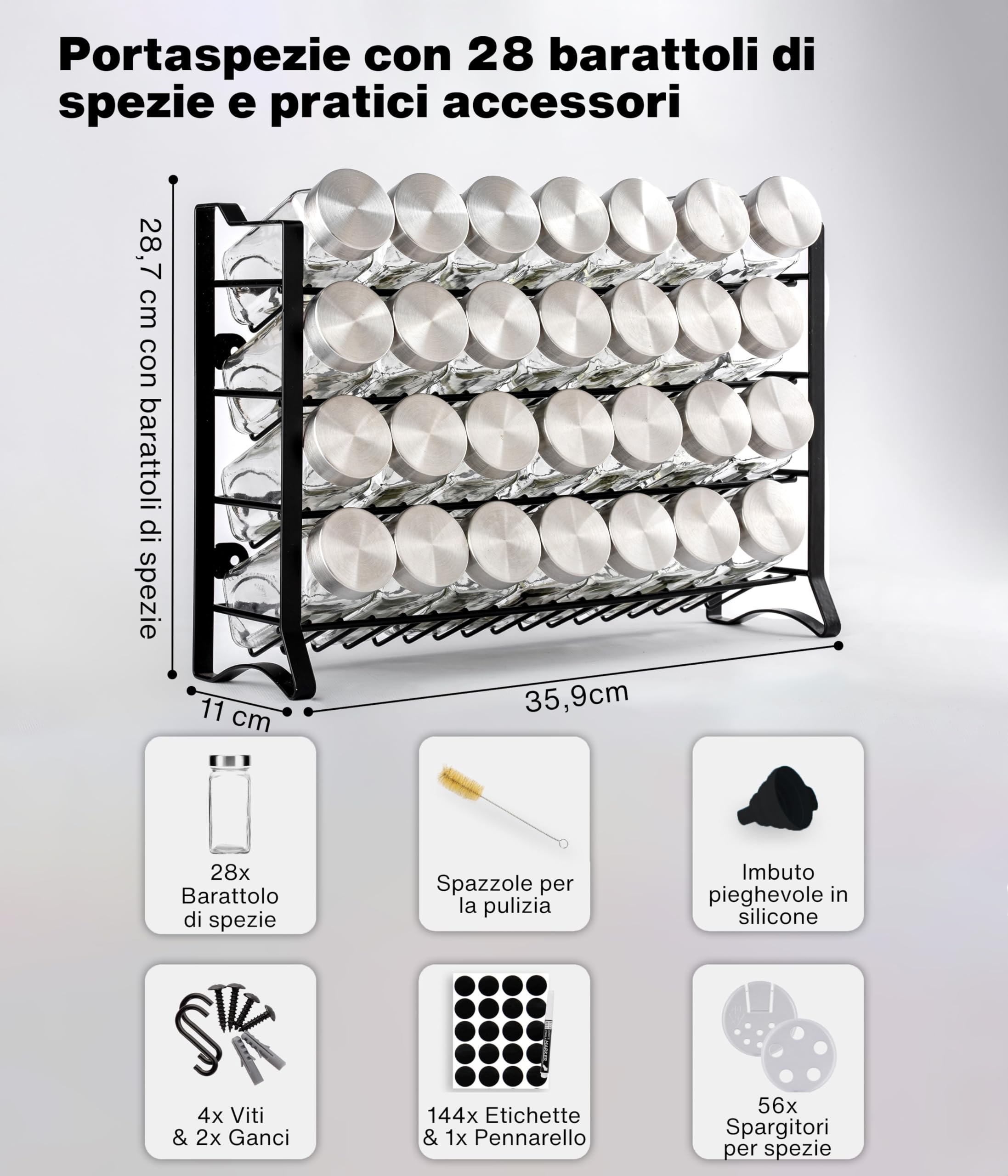 Deco haus® Porta Spezie per Cucina - Portaspezie con 28 Barattoli Spezie, Portaspezie Salvaspazio, Set Cucina 28 Vasetti di Spezie, 144 Etichette Spazzola Imbuto Ganci - Design Indipendente o da Paret