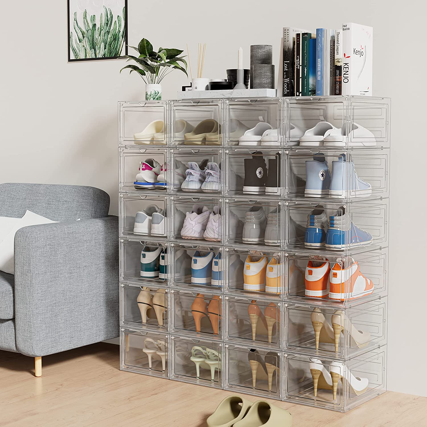 HOMIDEC Scatole per scarpe, 12 pezzi, scatole portaoggetti per scarpe impilabili in plastica trasparente, contenitori per organizer per scarpe con coperchi per donne e uomini