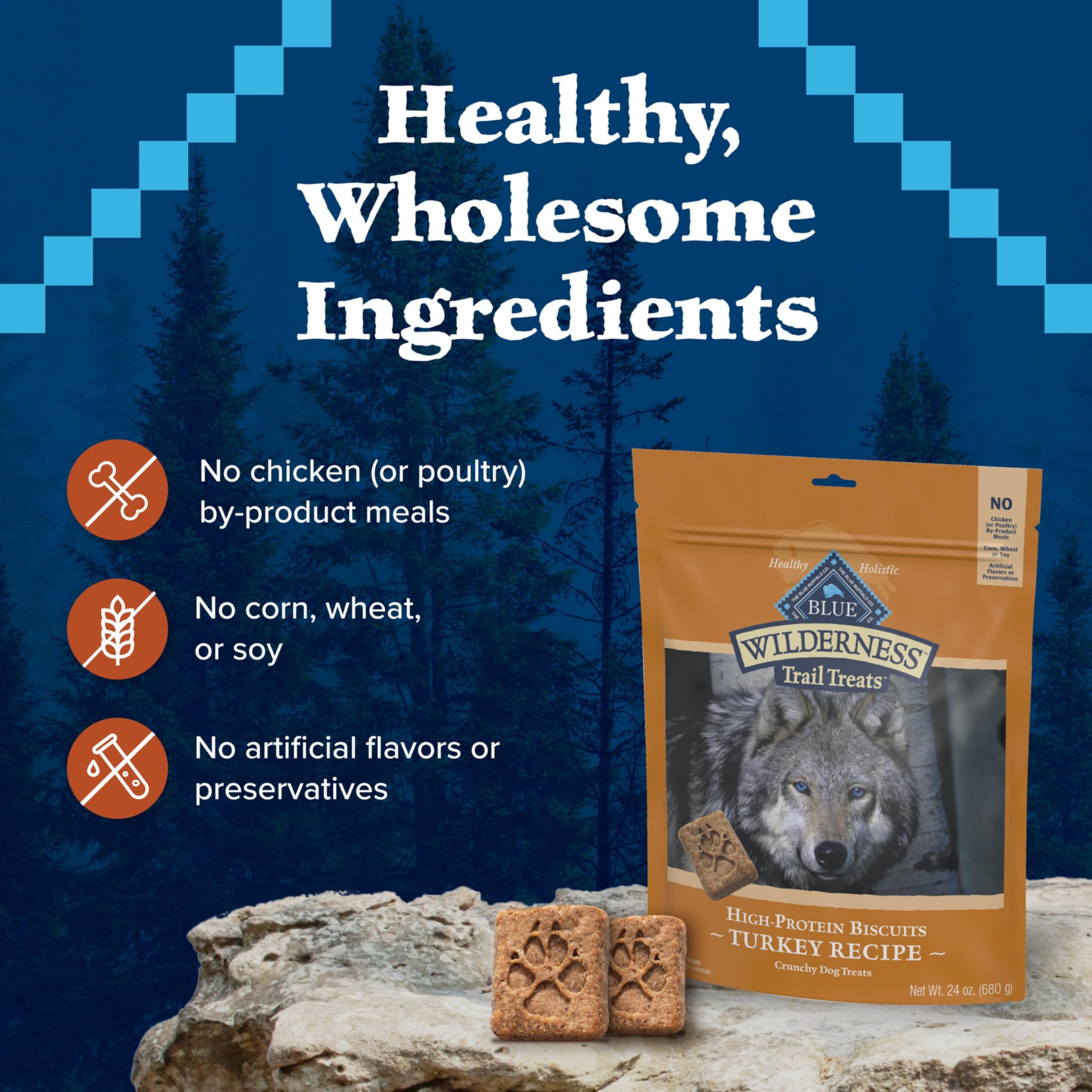 Blue Buffalo Wilderness Trail tratta biscotti per cani ad alto contenuto proteico senza cereali, dolcetti croccanti per cani, ricetta tacchino, sacchetto da 24 once
