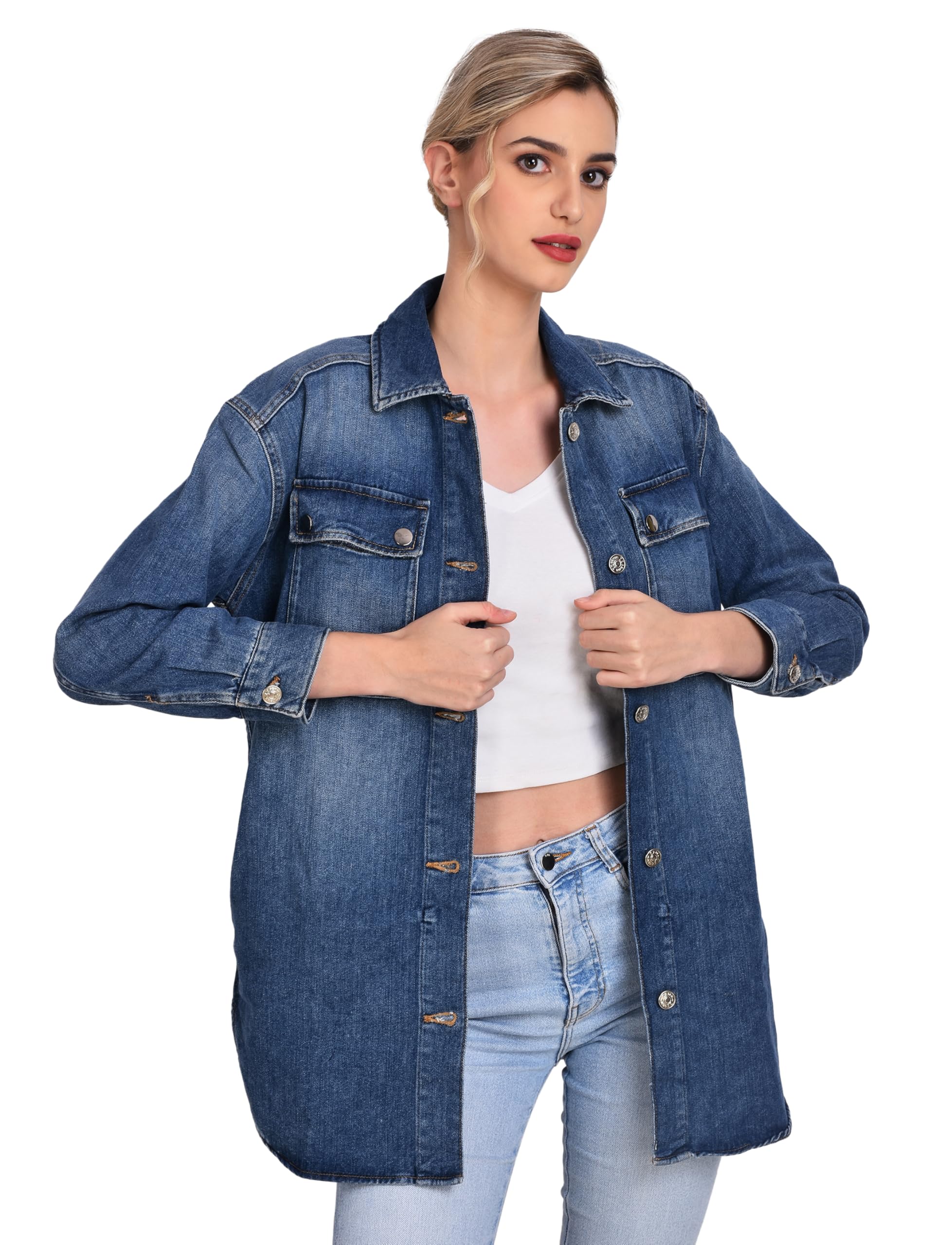 happening Plus Size Women Regular Fit Soft Denim Jacket with 2 Front & 2 Side Pockets - Vintage Denim Blue Color - Non Stretch Fabric- Bust Size (XL) 42 to (6XL) 52 inches-picture-55