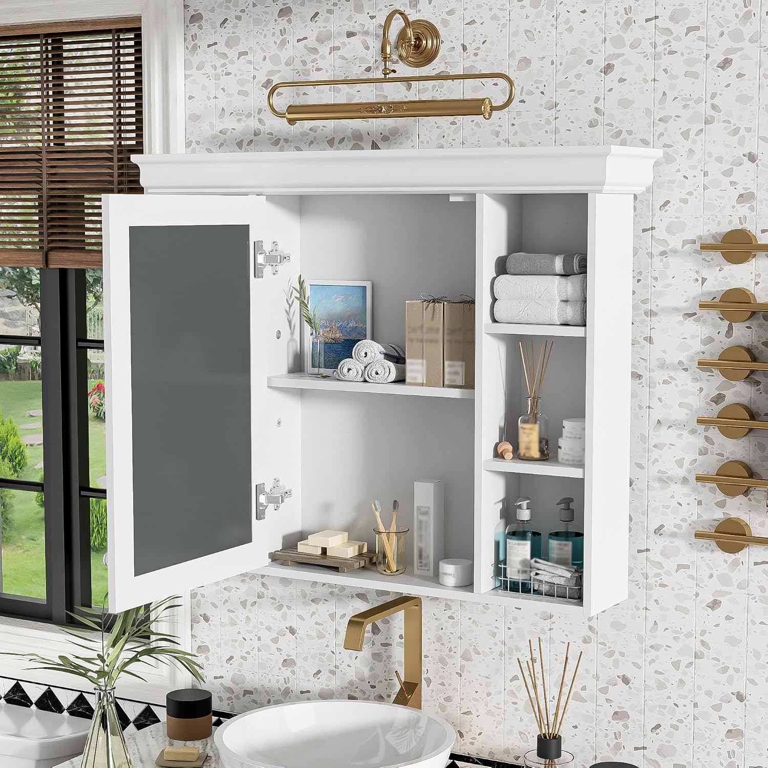 Modern Wall Mounted Bathroom Mirror Storage Cabinet with Adjustable Shelves and Towel Rod - Versatile Space Saving Organization Solution for Home Vanity and Personal Care Essentials