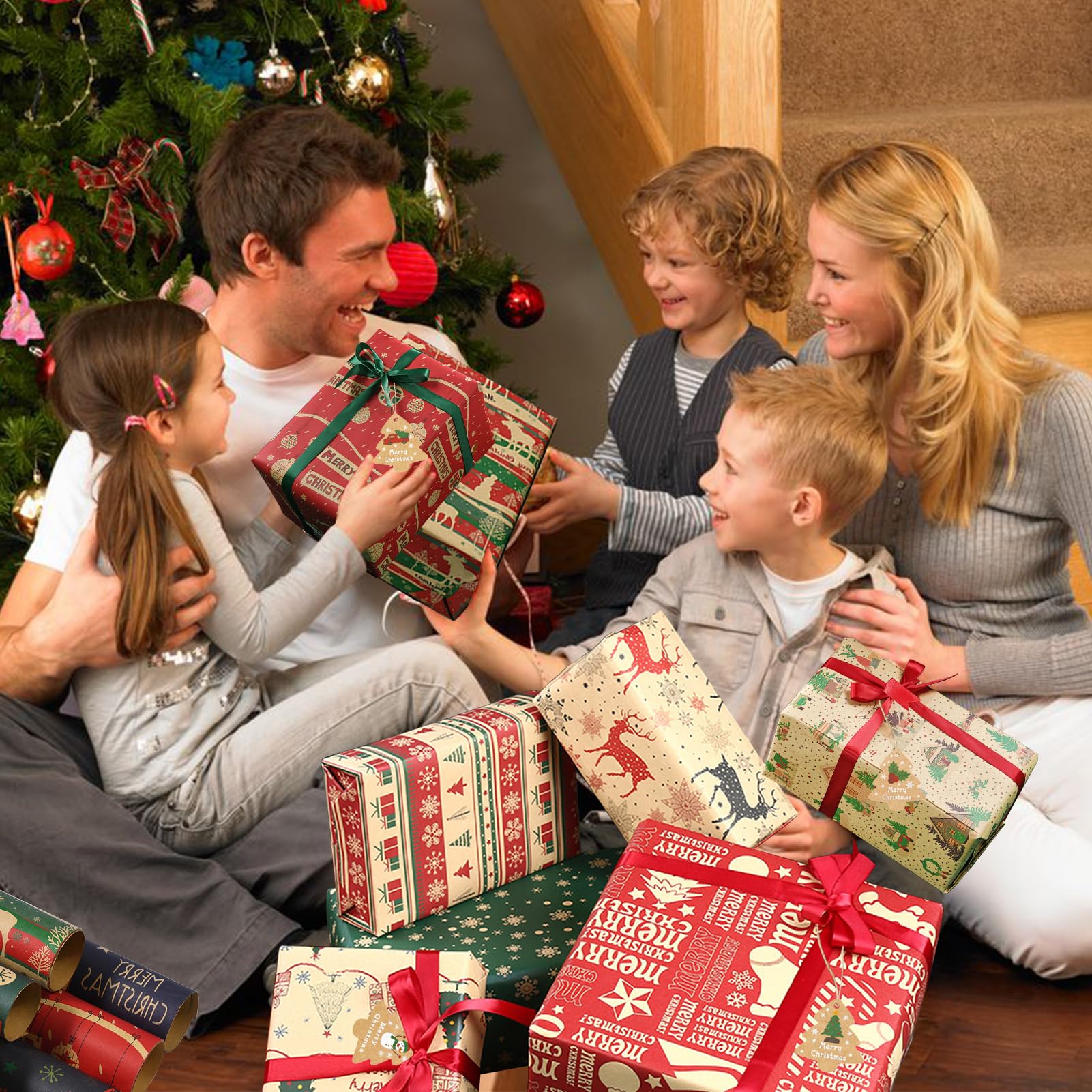 Christmas Wrapping Paper, 12 Pack Recyclable Kraft Paper