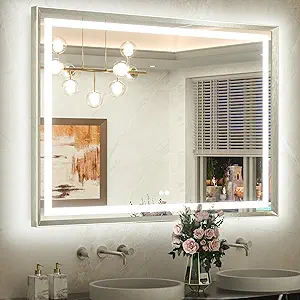 TETOTE 48 x 36 Bathroom LED Mirror Brushed Bright Nickel Metal Frame Frontlit & Backlit Vanity Mirror Stepless Dimmable Anti-Fog 3 Colors White/Warm/Natural Light up Vanity Mirror Wall-Mounted