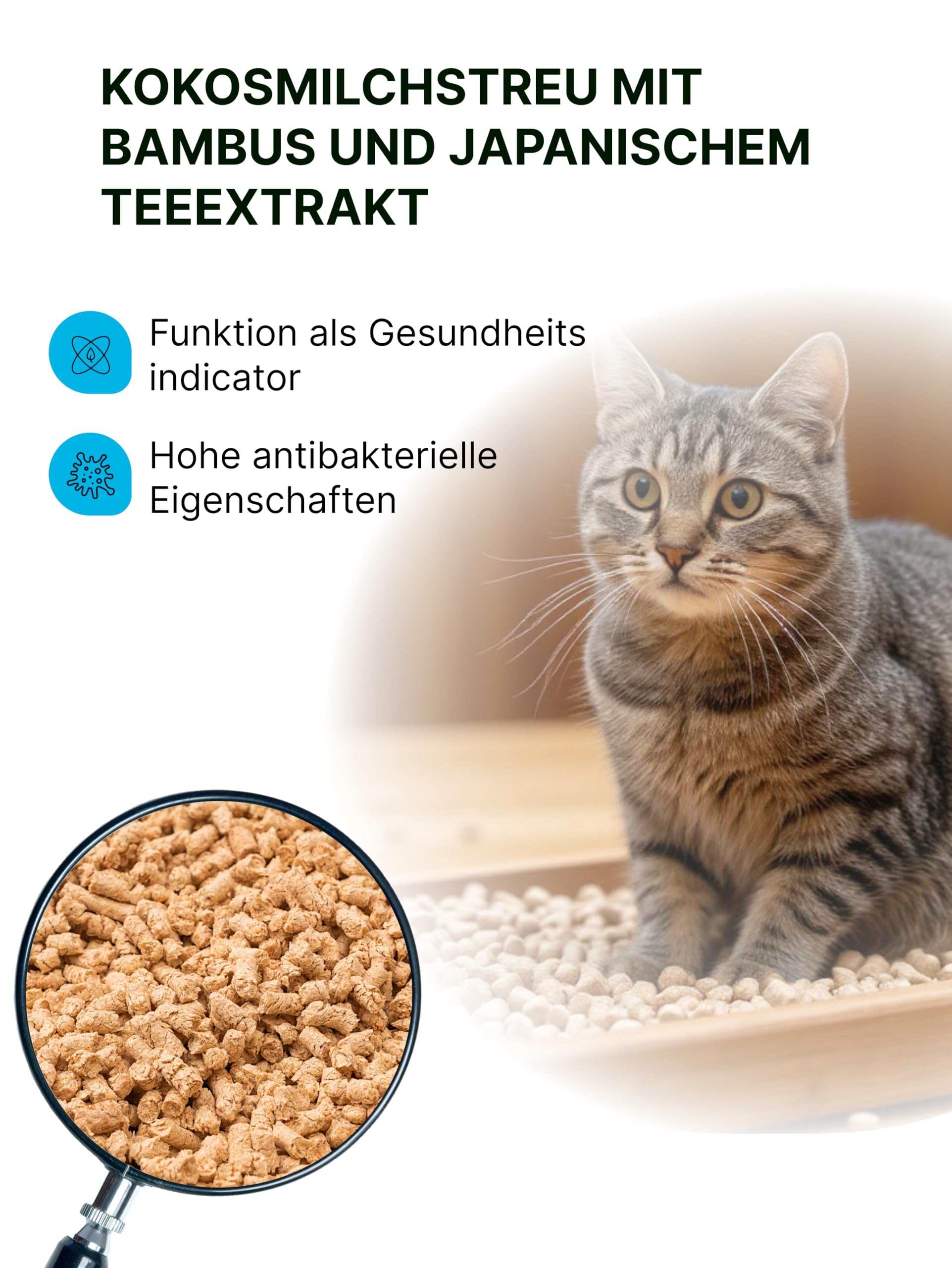 Antibacterial Katzenstreu Pellets mit Gesundheitsindikator | Aus Kokosnussmilch & Bambus-Extrakt mit Japanischer Tee | 100% Pflanzliche Katzenstreu Staubfrei | maximaler Saugkraft | (4x6L)