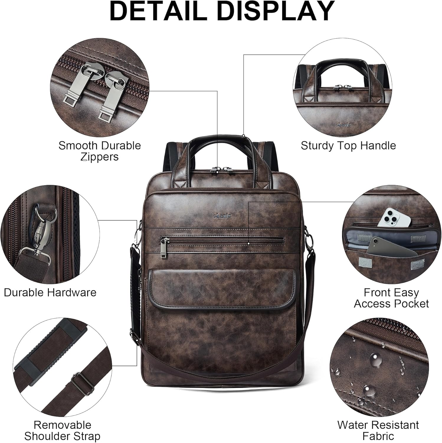 Shrrie Laptop Backpack for Women and Men, 15.6 Inch Vegan Leather Computer Backpack Professional Water-Resistant Casual Daypack for Work Business College Travel Office,Two-toned Coffee - Image 5